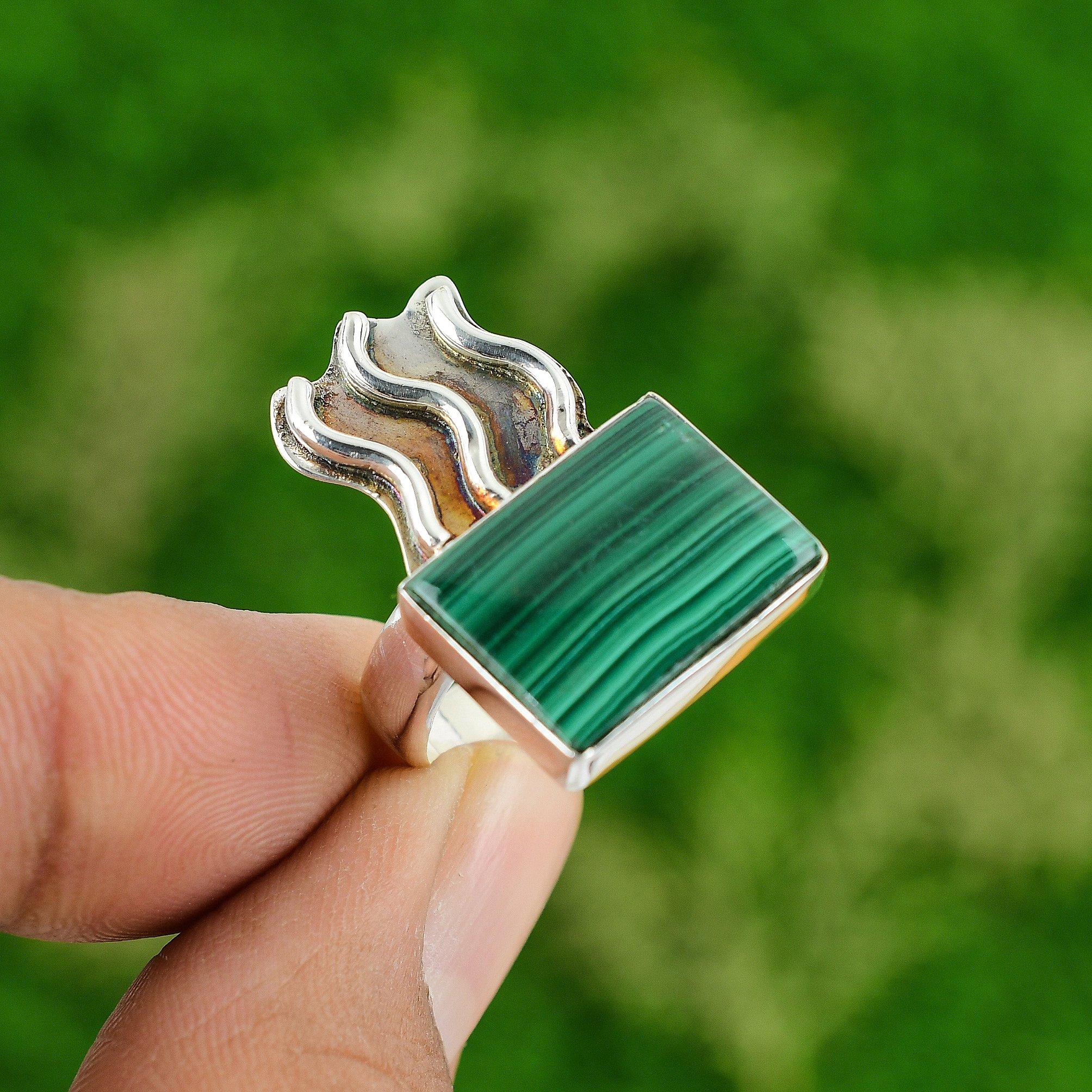 Natural Russian Malachite Gemstone Stackable Green Ring Size 8.5 925 Silver