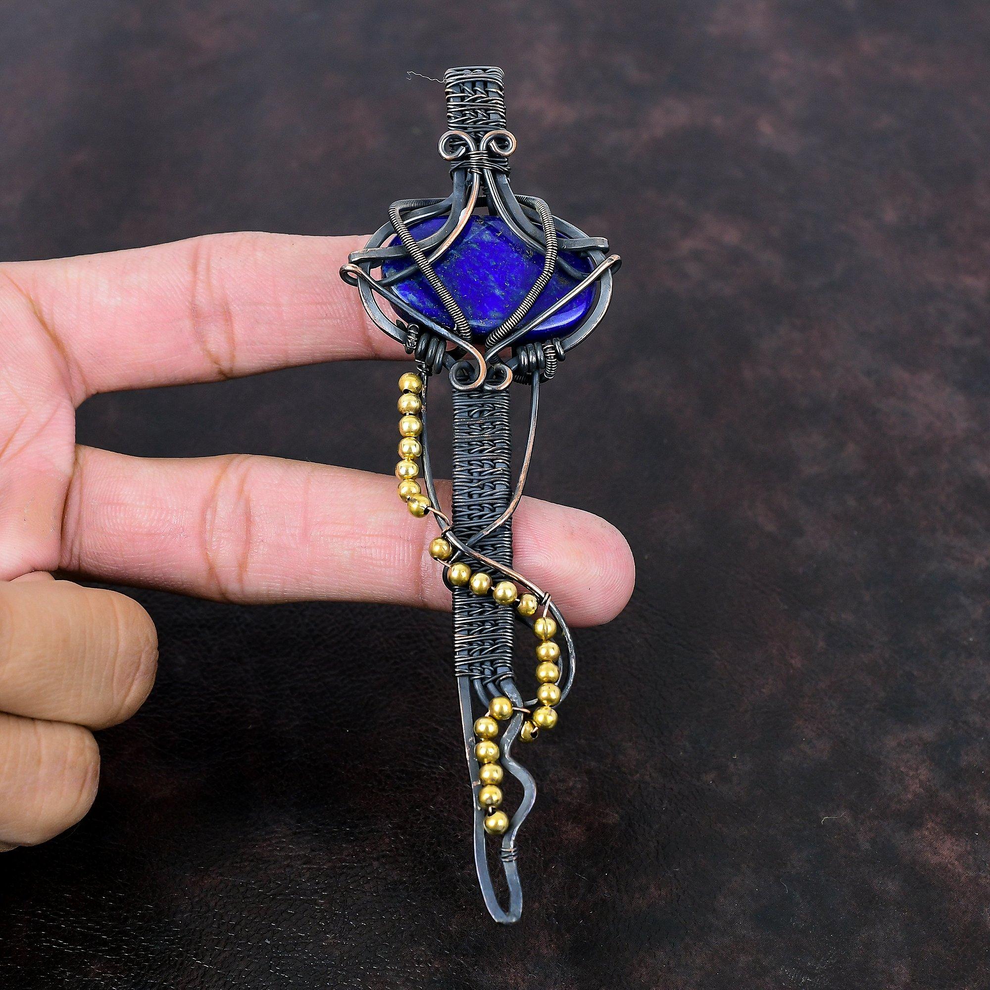 Lapis Lazuli Gemstone Pendant Copper Wire Wrapped Pendant Lapis Lazuli Jewelry Handmade Pendant Copper Designer Jewelry Key Pendant For Gift