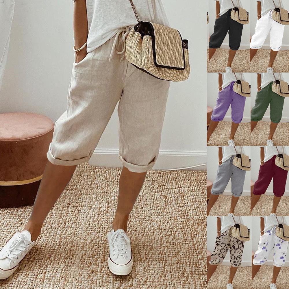 Women's Cotton-Linen Elastic Pocket Casual Pants and Shorts