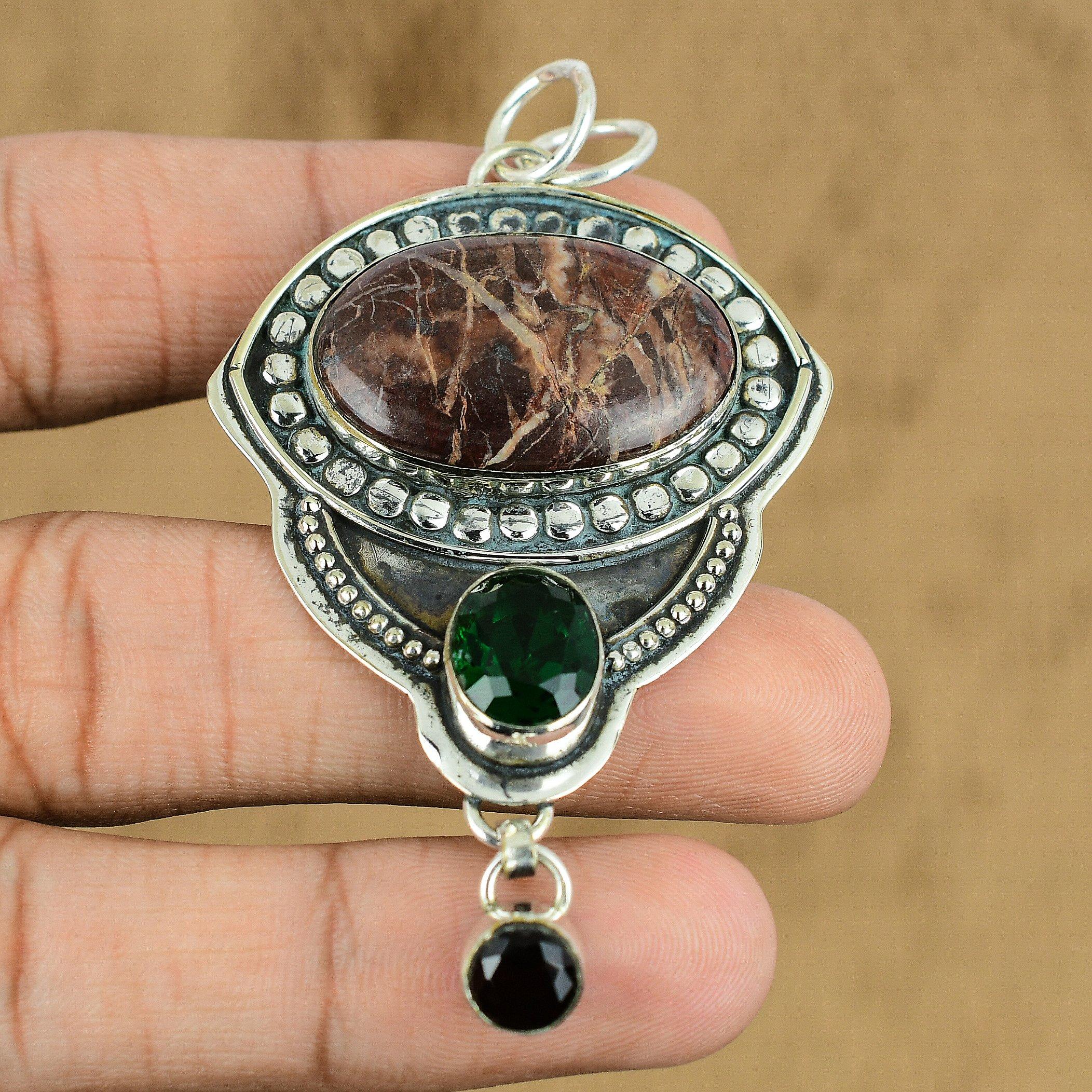 Natural Coconut Jasper Gemstone Pendant Brown 925 Sterling Silver Indian Jewelry