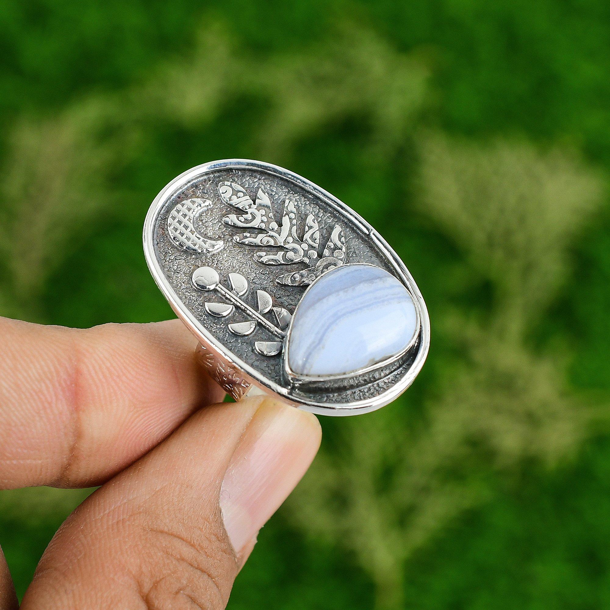 Gift For Her Natural Blue Lace Agate Multi Stone Adjustable Ring 925 Silver