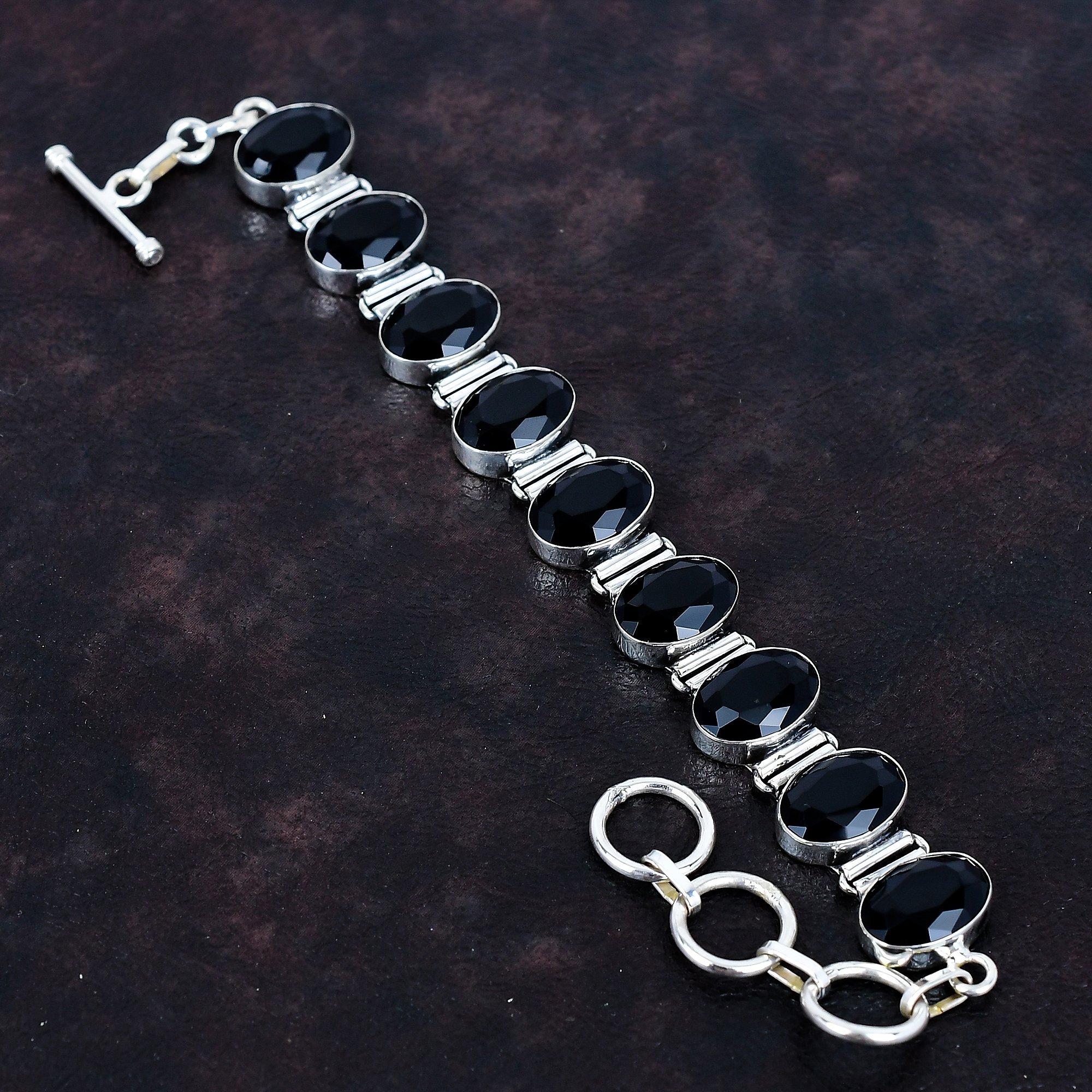 Brățară fațetată din onix negru argint sterling 925 brățară cu lanț reglabil bijuterii antice brățară cu pietre prețioase bijuterii lucrate manual cadouri pentru femei