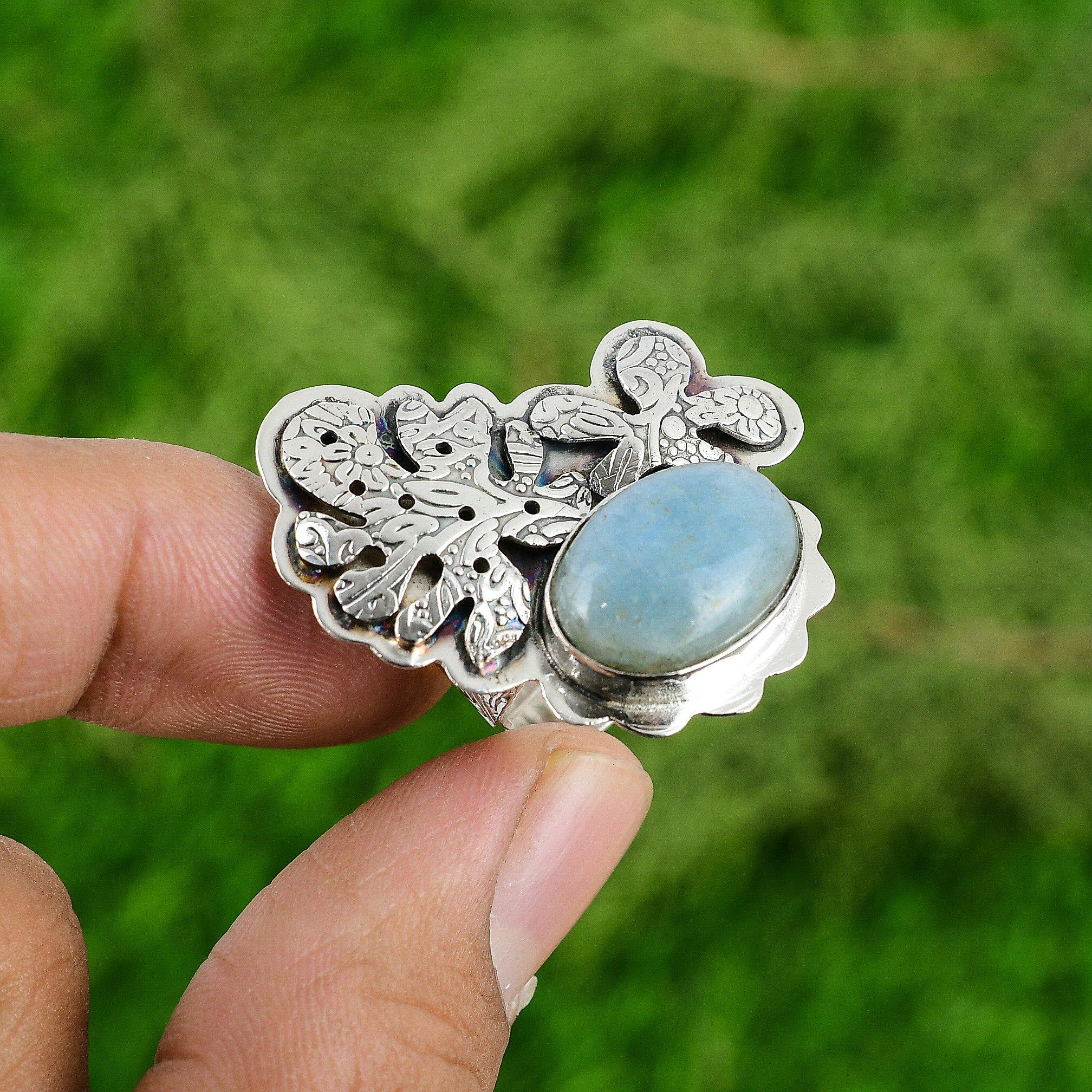 Wedding Gift For Her 925 Silver Natural Aquamarine Multi Stone Adjustable Ring