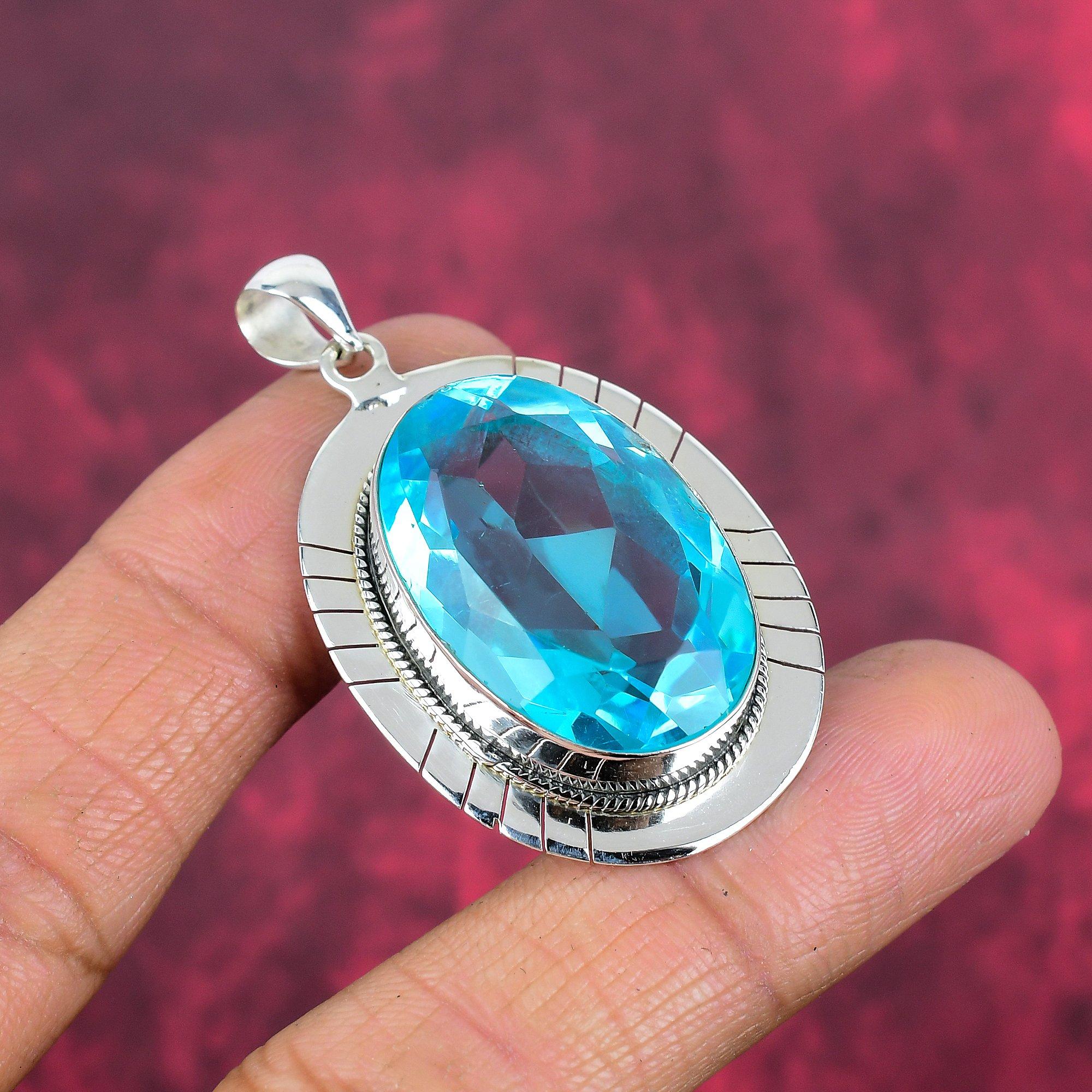 Blue Topaz Pendant, 925 Solid Sterling Silver Gemstone Jewelry, Handmade Pendant, For Thanksgiving