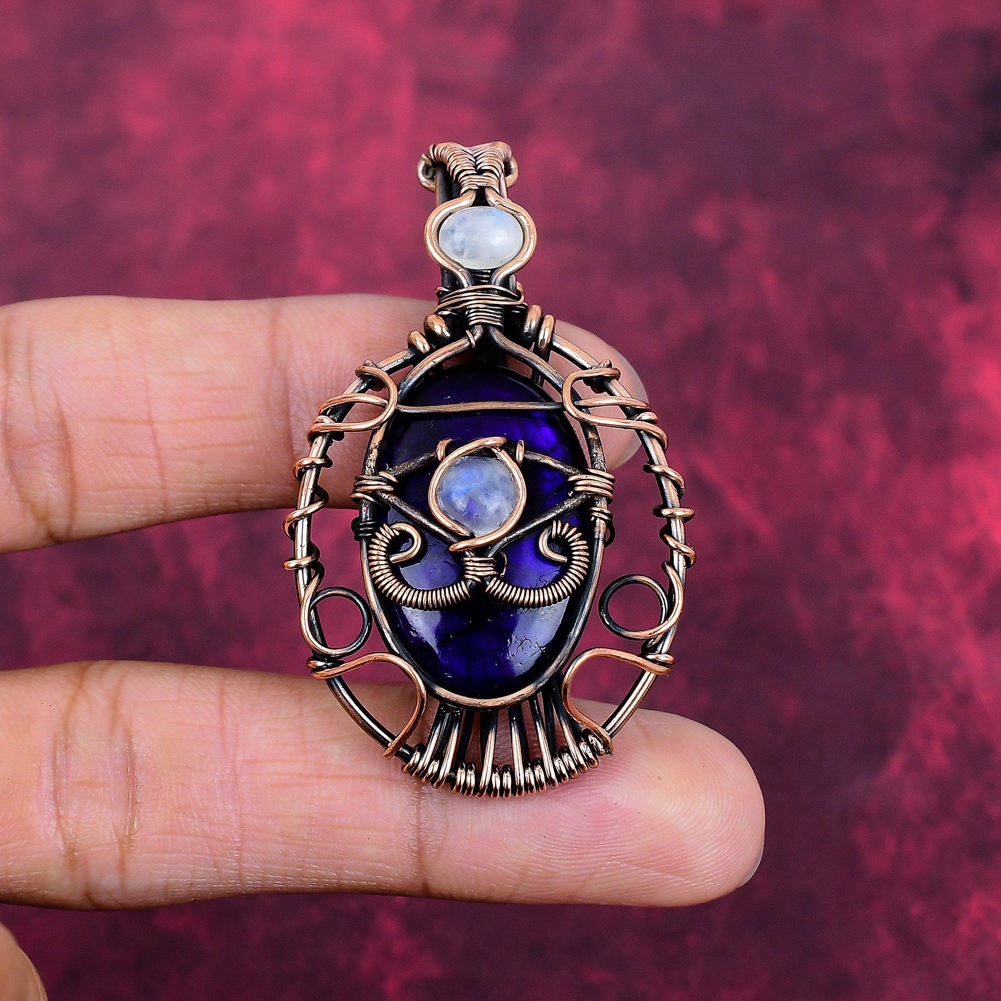 Evil Eye Malachite Pendant Copper Wire Wrapped Pendant Rainbow Moonstone Jewelry