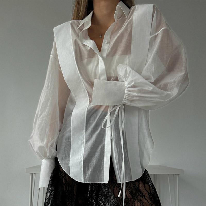 Solid See Through Women Shirt Commut Wear Lapel Long Sleeve Single Button Lace Up Female Blouse 2025 Spring Summer Elegant Office Lady Top