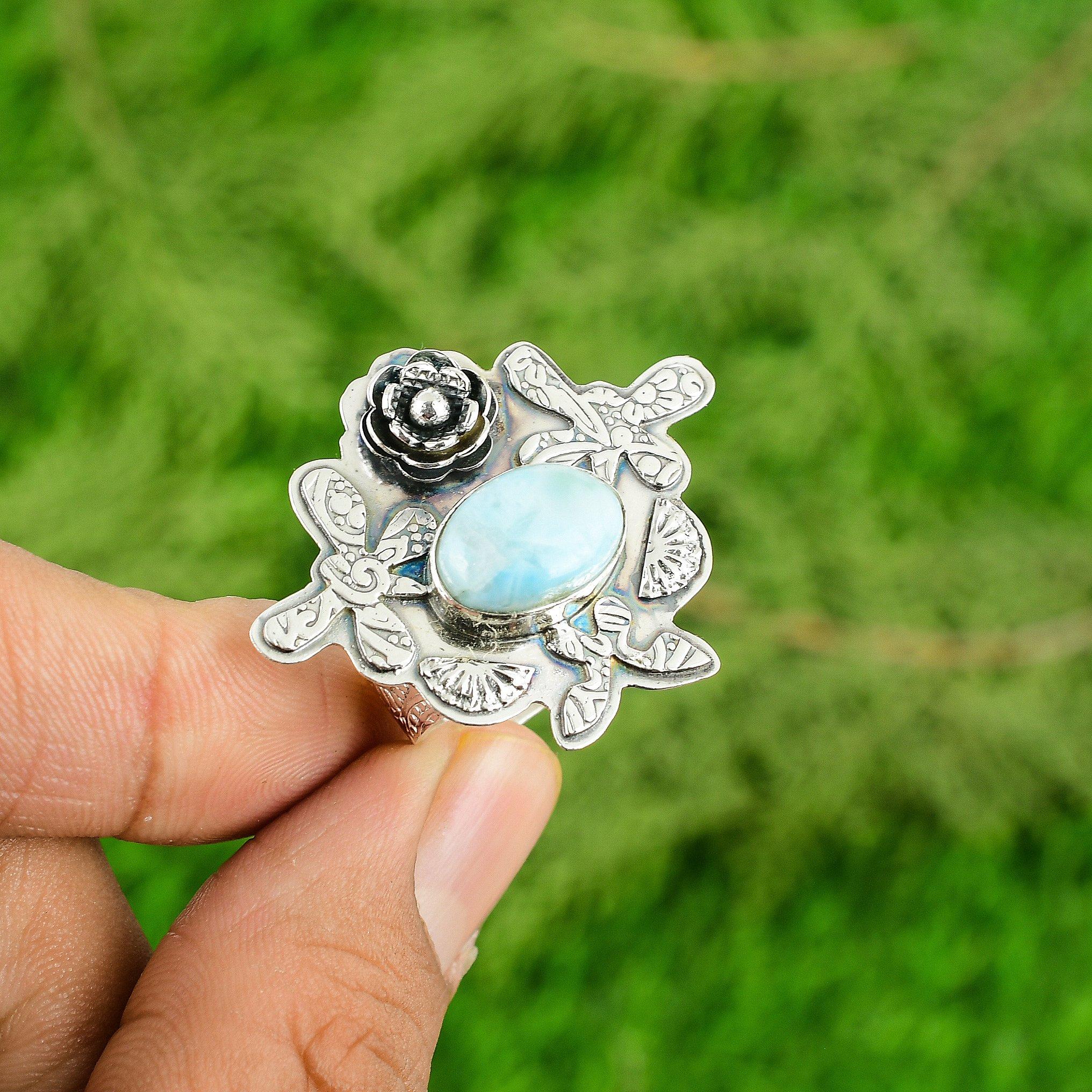 Natural Larimar Gemstone Promise Flower Adjustable Ring 925 Silver For Women