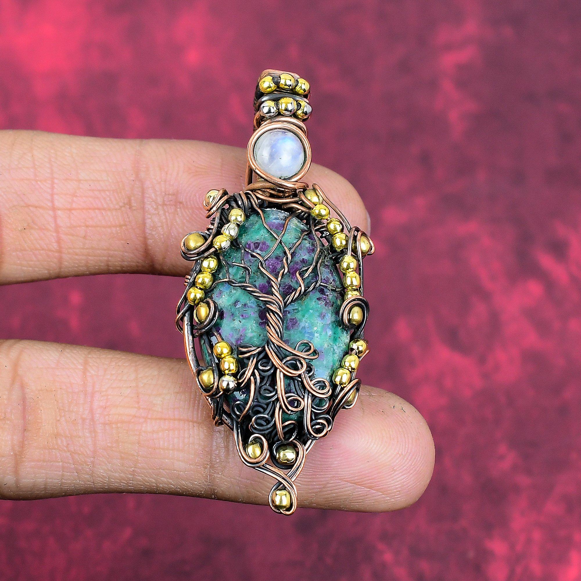 Tree of Life Ruby Fuchsite Pendant Copper Wire Wrapped Pendant Real Gemstone Jewelry Moonstone Pendant Handmade Copper Jewelry Gifts for Him