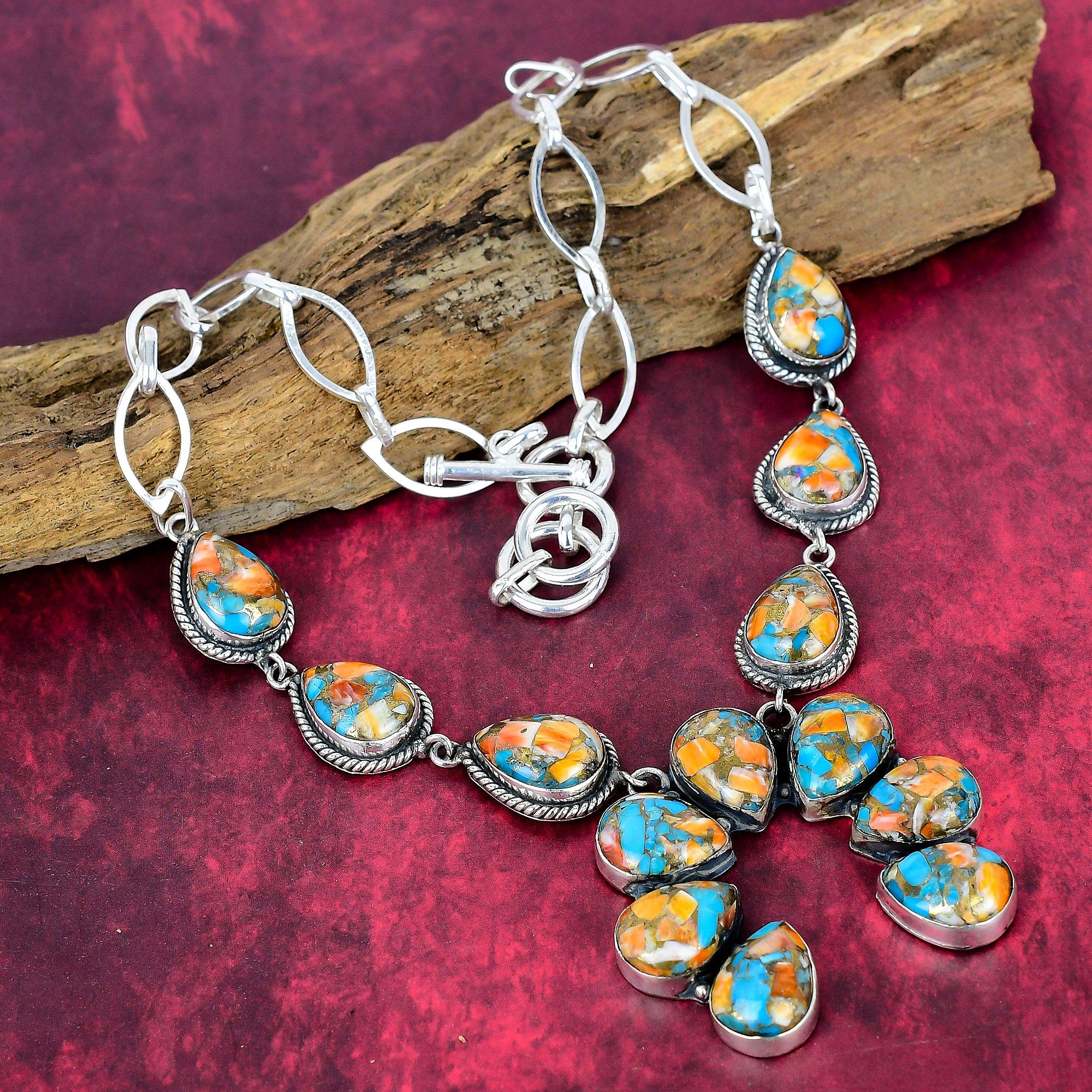 Orange Spiny Oyster Handmade Gemstone Necklace, 925 Solid Sterling Silver Necklace Antique Jewelry, For Thanksgiving