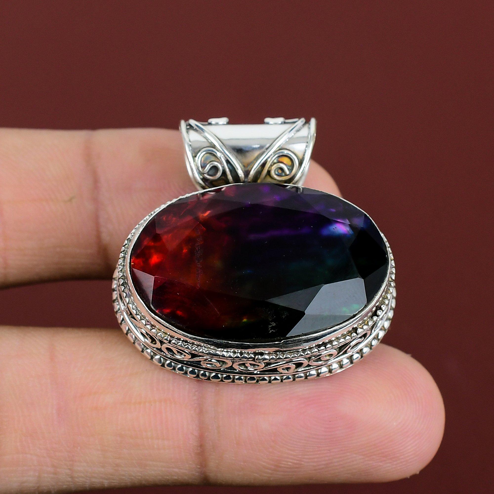 Faceted Ammolite Pendant Gemstone Pendant Handmade Antique Jewelry 925 Sterling Silver Pendant Vintage Pendant Gifts For Him Elegant Jewelry