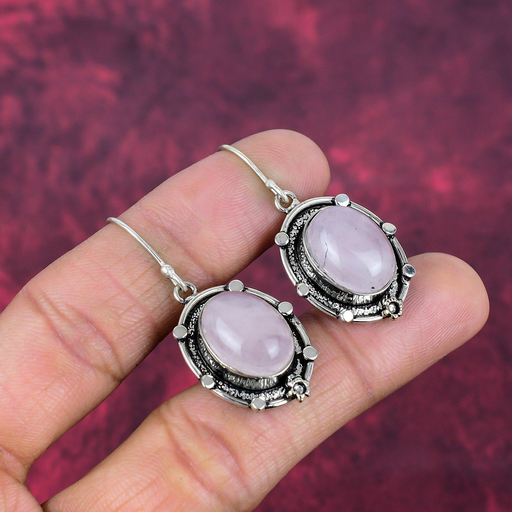 Örhängen i sterlingsilver i rosenkvarts 925, handgjorda ädelstensörhängen, presenter till frun, helt nya örhängen