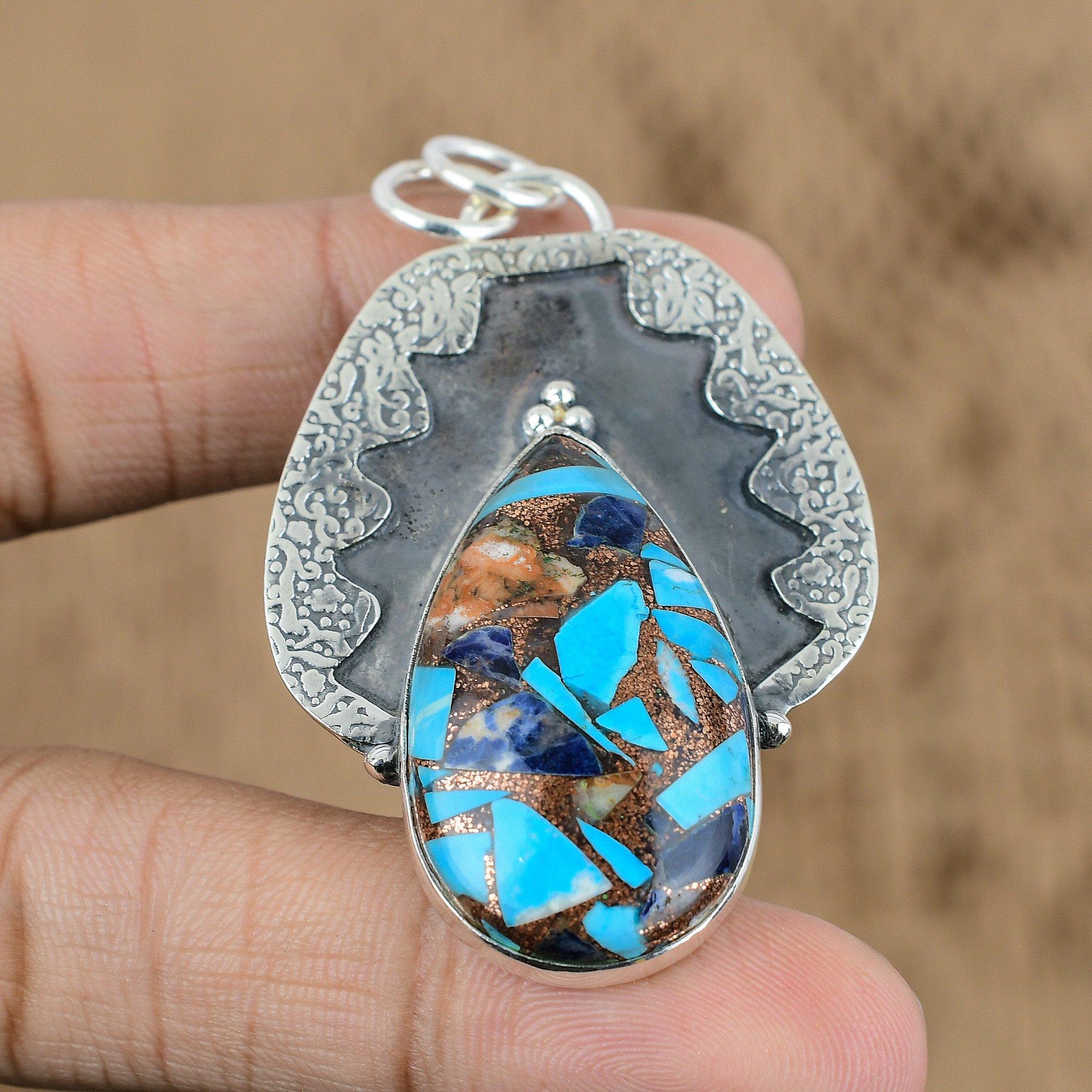 Mothers Day Sale Sterling Silver Copper Multi Turquoise Gemstone Wedding Pendant