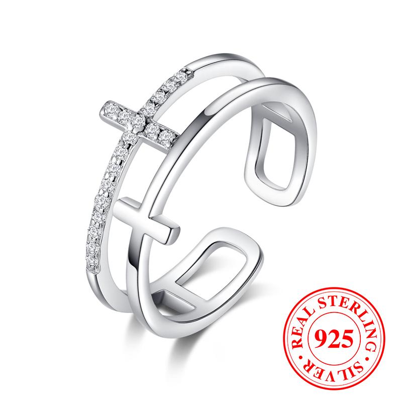 Inel în cruce cu zircon alb cu două straturi pentru femei, argint 925 real, inele ajustabile, deschise, bijuterii de nuntă pentru petrecere