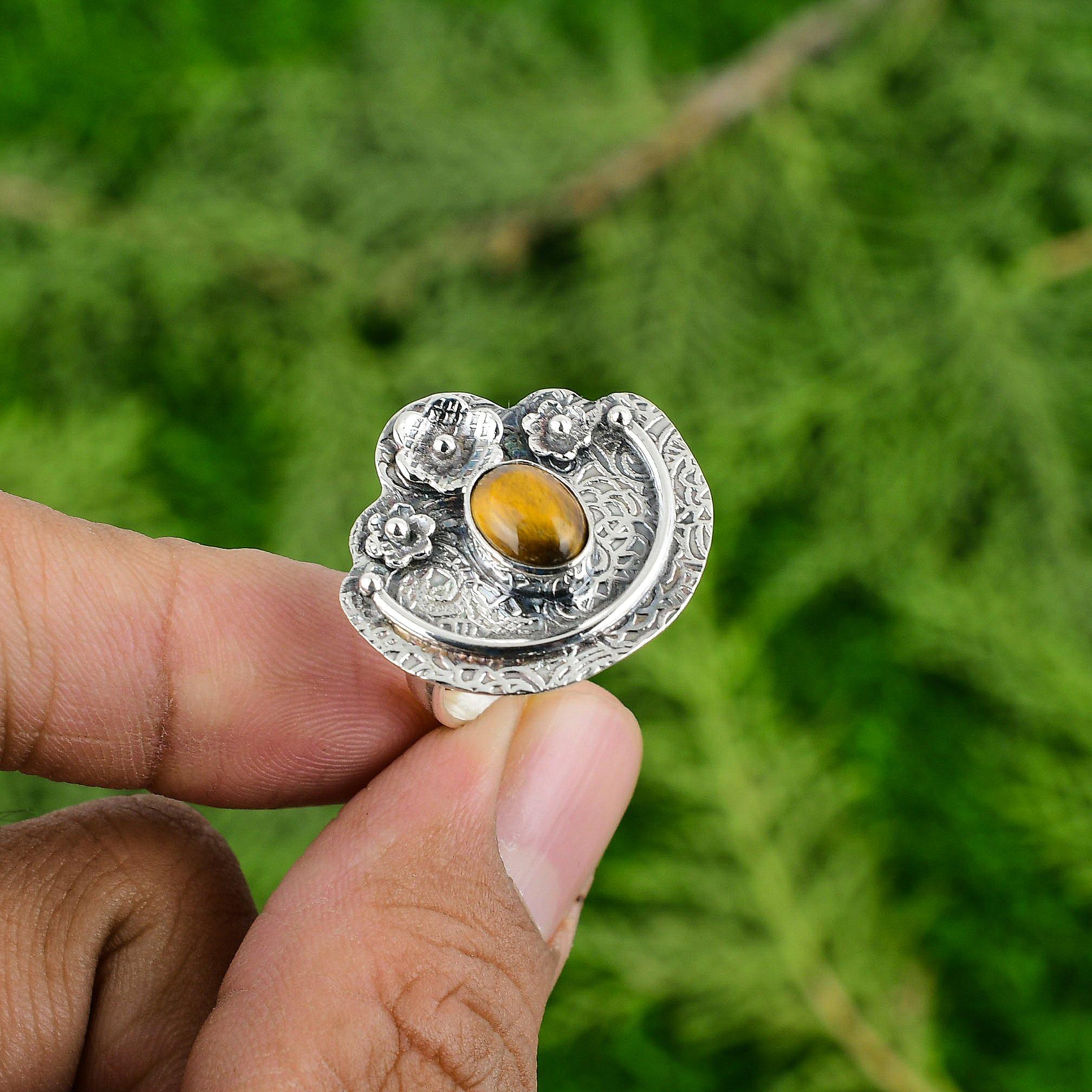 Sterling Silver Natural Tigers Eye Mother Flower Statement Bezel Ring Jewelry
