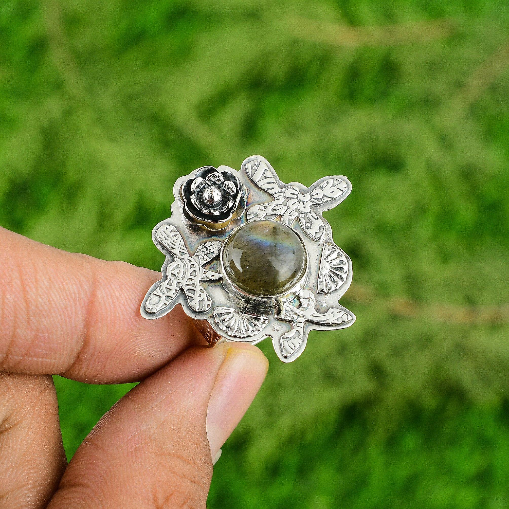 Sterling Silver Natural Labradorite Engagement Statement Flower New Ring Jewelry