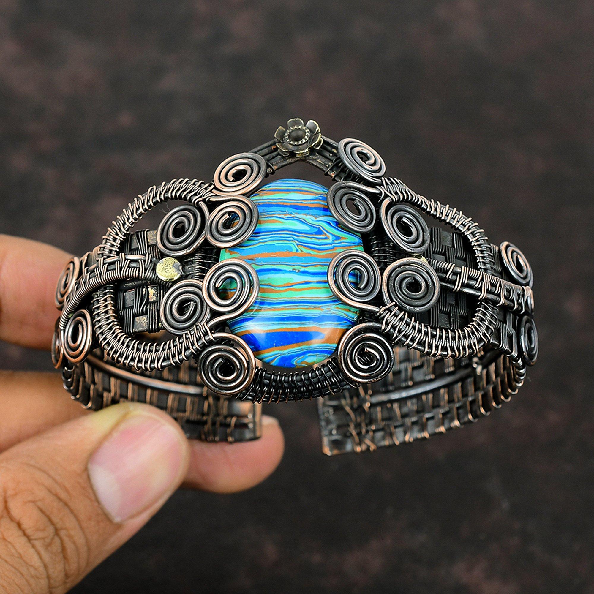 Rainbow Calsilica Cuff Bracelet Copper Wire Wrapped Gemstone Bangle Handmade Jewelry Adjustable Cuff Bracelet Copper Jewelry Engagement Gift