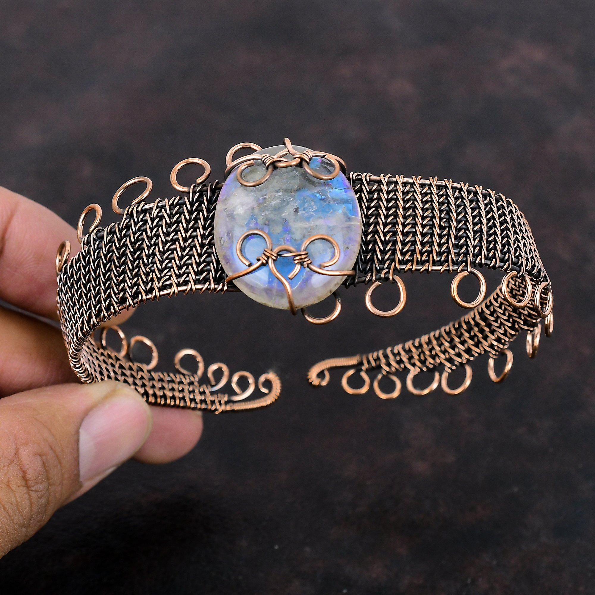 Rainbow Mystic Opal Cuff Bracelet Copper Wire Wrapped Bangle Handmade Adjustable Cuff Bracelet Copper Jewelry Gemstone Bangle Gift For Women