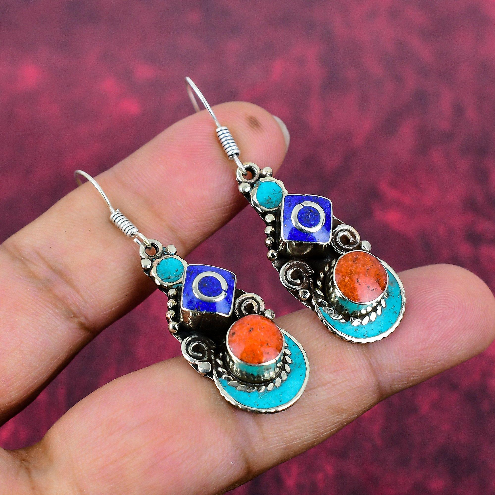 Turquoise, Coral & Lapis Lazuli  925 Solid Sterling Silver Earrings, Handmade Gemstone Nepali Earrings Jewelry, Gifts For Wife Brand New Earrings