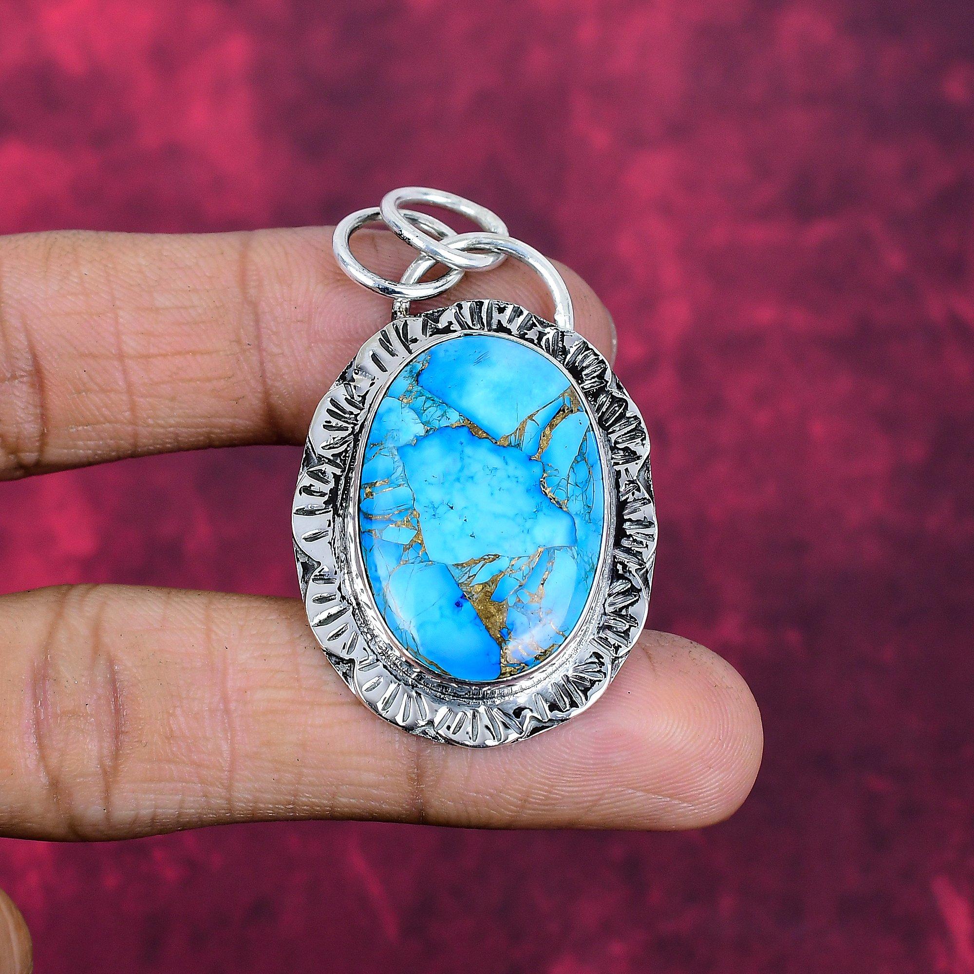 Blue Copper Turquoise Handmade Gemstone Pendant, 925 Solid Sterling Silver Pendant Antique Jewelry, For Engagement Gift