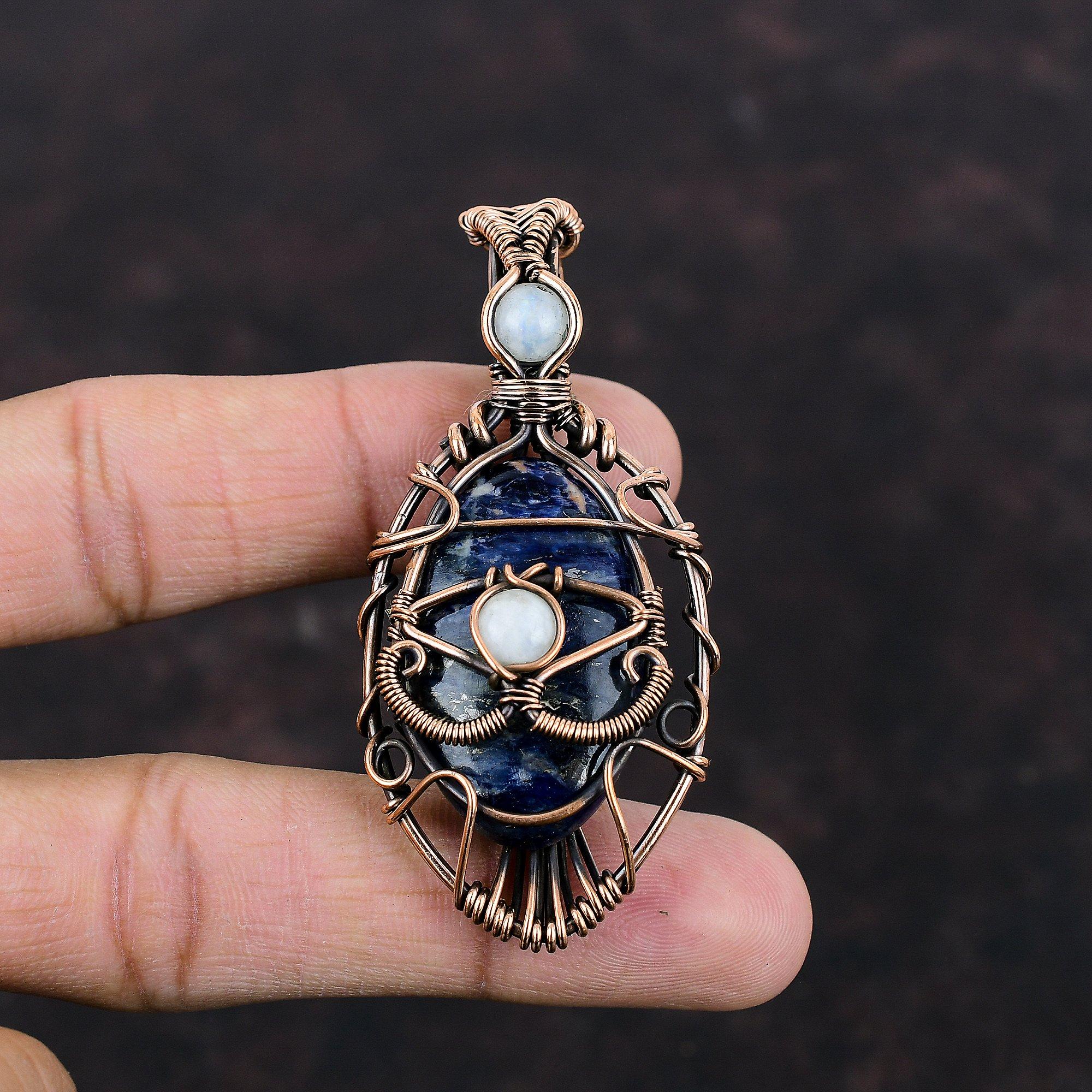 Pandantiv cu sodalit, ochi rău, înfășurat în sârmă de cupru, bijuterii delicate cu pietre prețioase, curcubeu, piatră lunară, cadou pentru ea, bijuterii lucrate manual în cupru