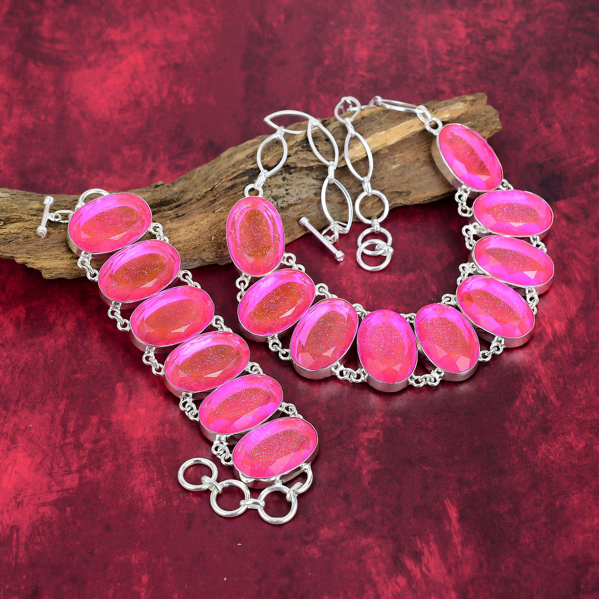 Pink Triplet Opal Handmade Gemstone Jewelry, 925 Solid Sterling Silver Jewelry, Gorgeous Bracelet & Necklace Jewelry Set For Mother