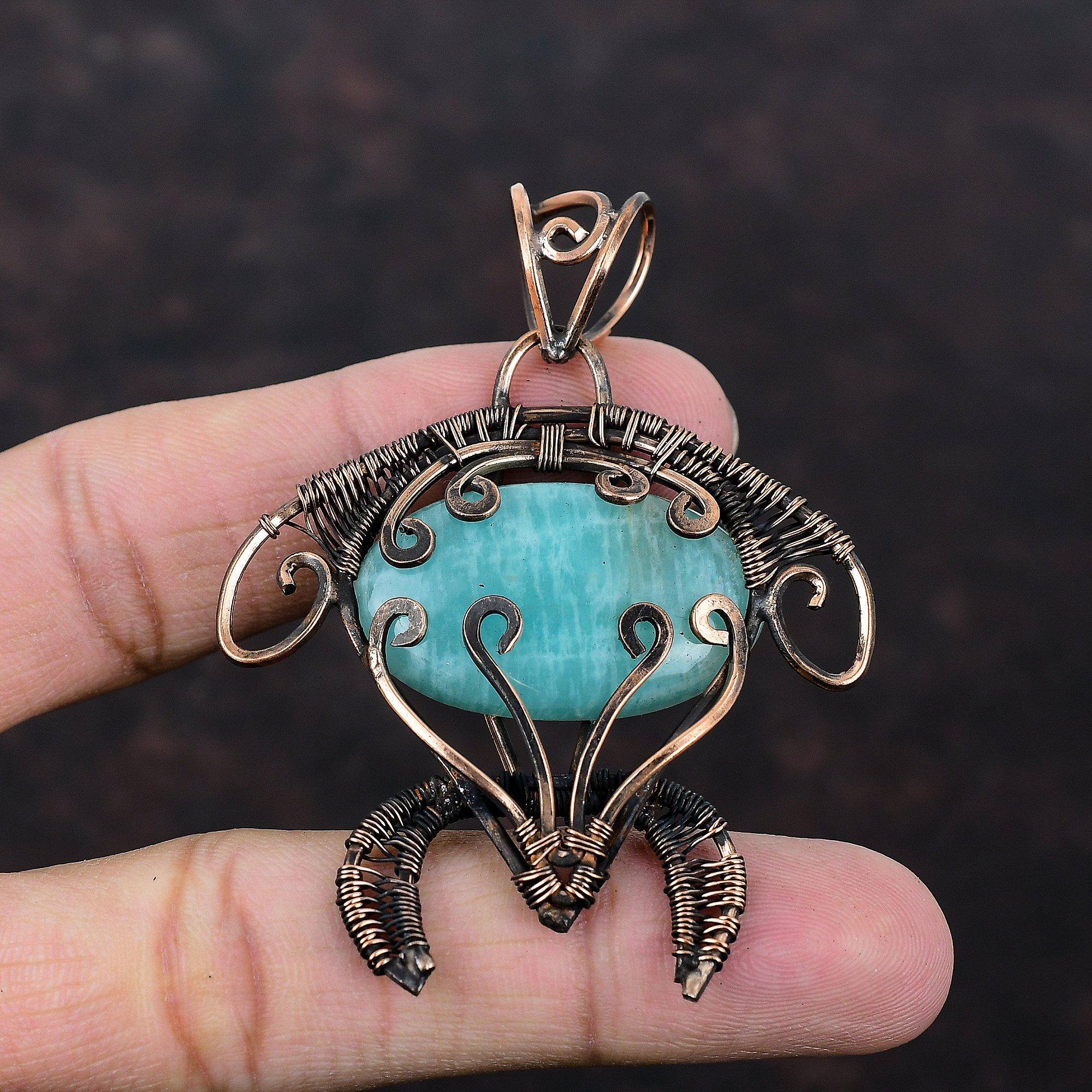 Amazonite  Pendant Copper Wire Wrapped Pendant Amazonite Gemstone Jewelry Tortoise Pendant Copper Wire Jewelry Handmade Pendant Gift For Him