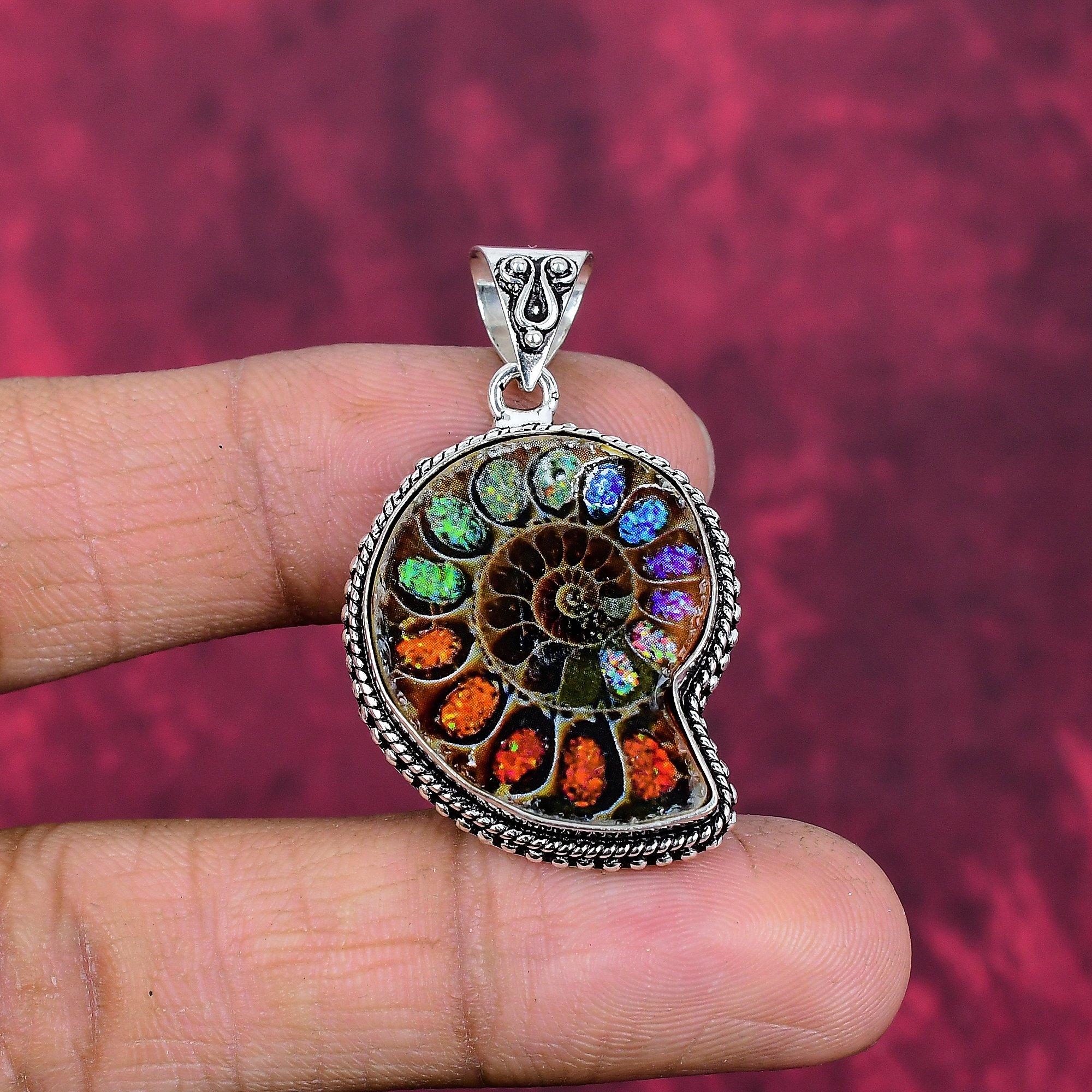 Pandantiv din argint solid 925 fosil de amonit, bijuterii cu pietre prețioase lucrate manual pentru Ziua Memorială