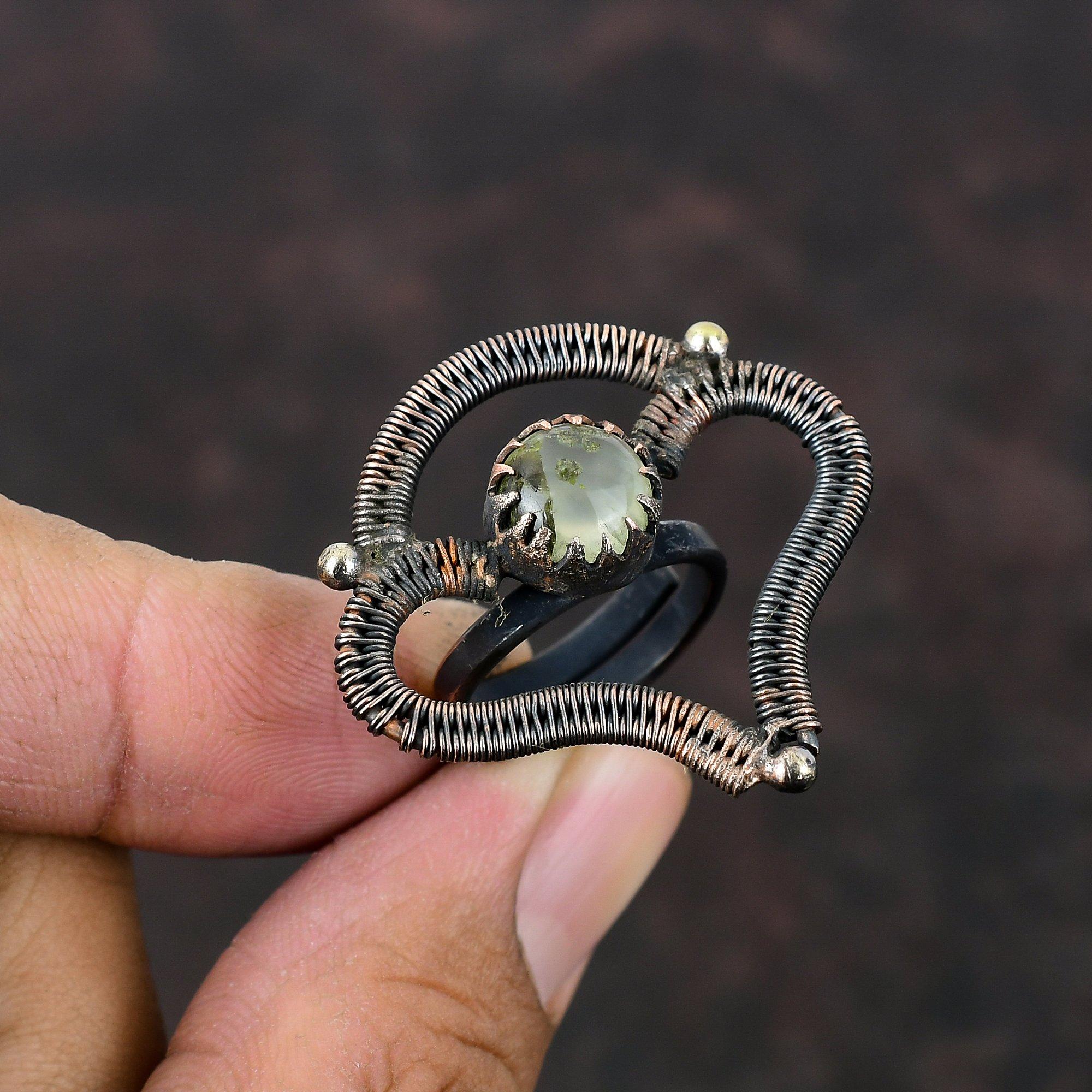 Prehnite Ring Copper Wire Wrapped Gemstone Ring Adjustable Ring Copper Jewelry Handmade Rings Latest Design Ring Ethnic Jewelry Gift For Him