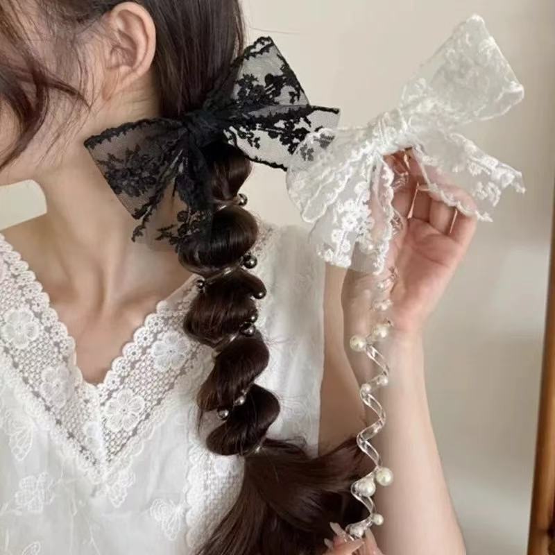 1PCS Fairy Lace Bow Bead Bubble Braid Hair Ring Hair Tie Hair Rubber Band Side Ponytail Hair Accessories