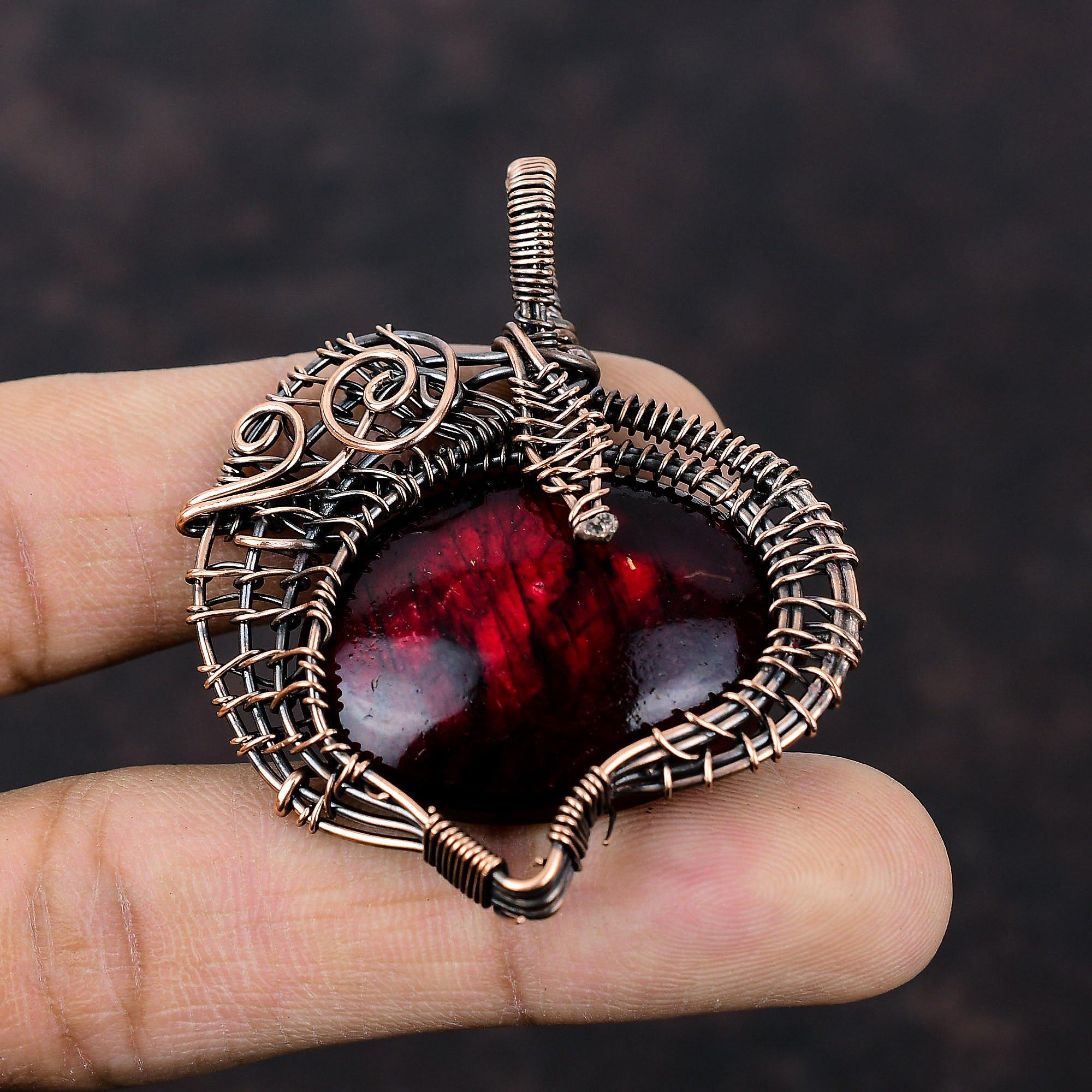 Roter Feuer Labradorit Anhänger Kupferdraht umwickelter Anhänger Original Edelsteinschmuck Handgefertigter Anhänger Kupferdraht Umwickelschmuck Geschenk für Freund