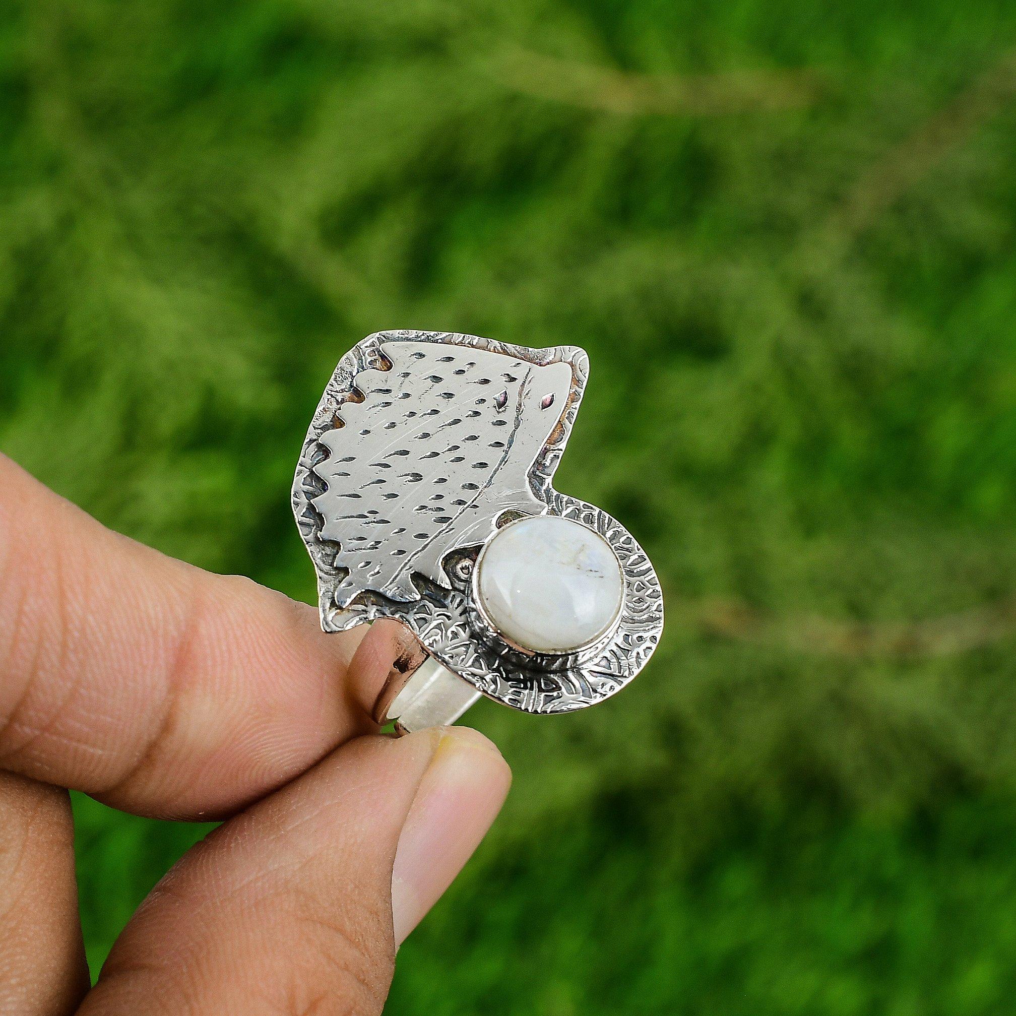 925 Silver Rainbow Moonstone Gemstone Sister Bezel Boho Statement Unique Ring