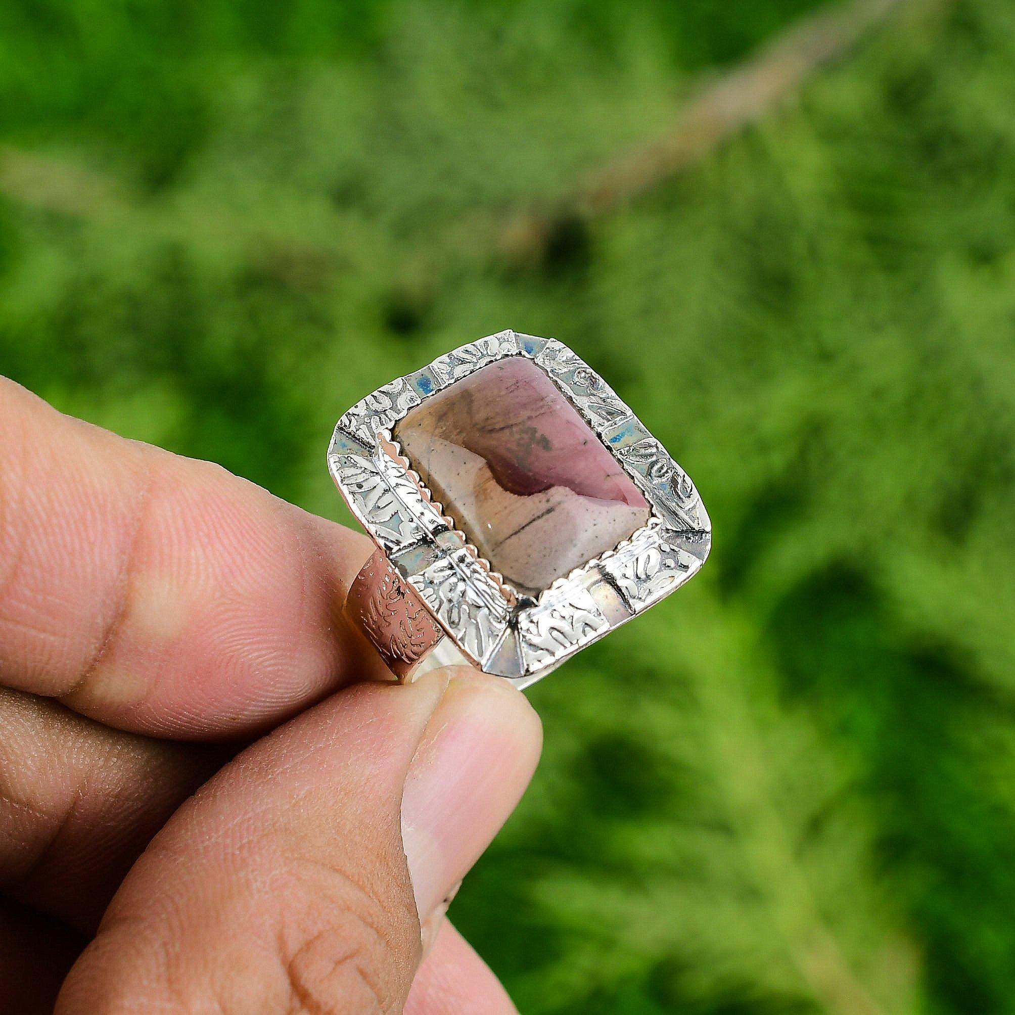 925 Sterling Silver Natural Mookaite Multi Stone Bezel Wife Promise Ring Jewelry