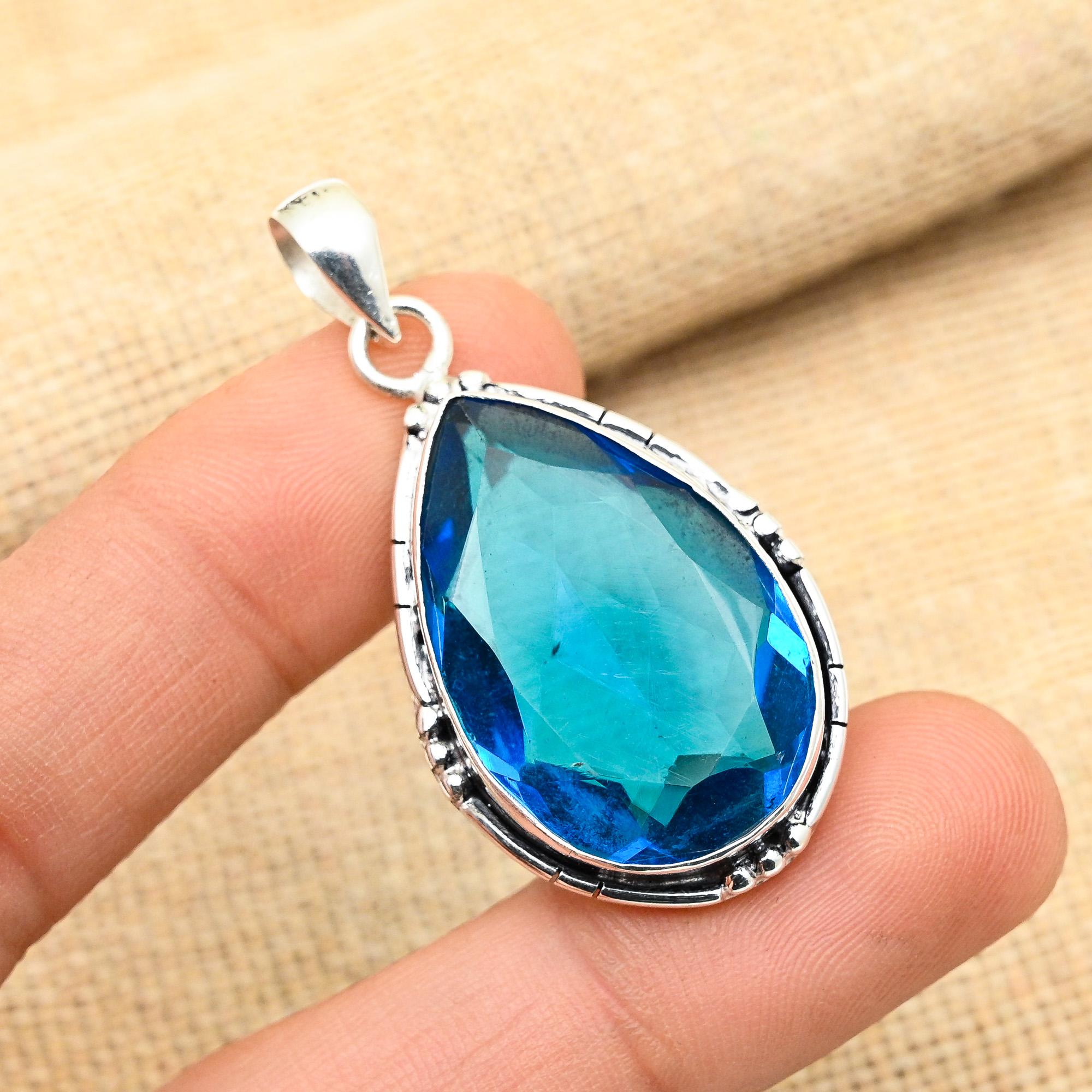 Awesome Blue Topaz Gemstone Handmade 925 Solis Sterling Silver Jewelry Pendant For Women