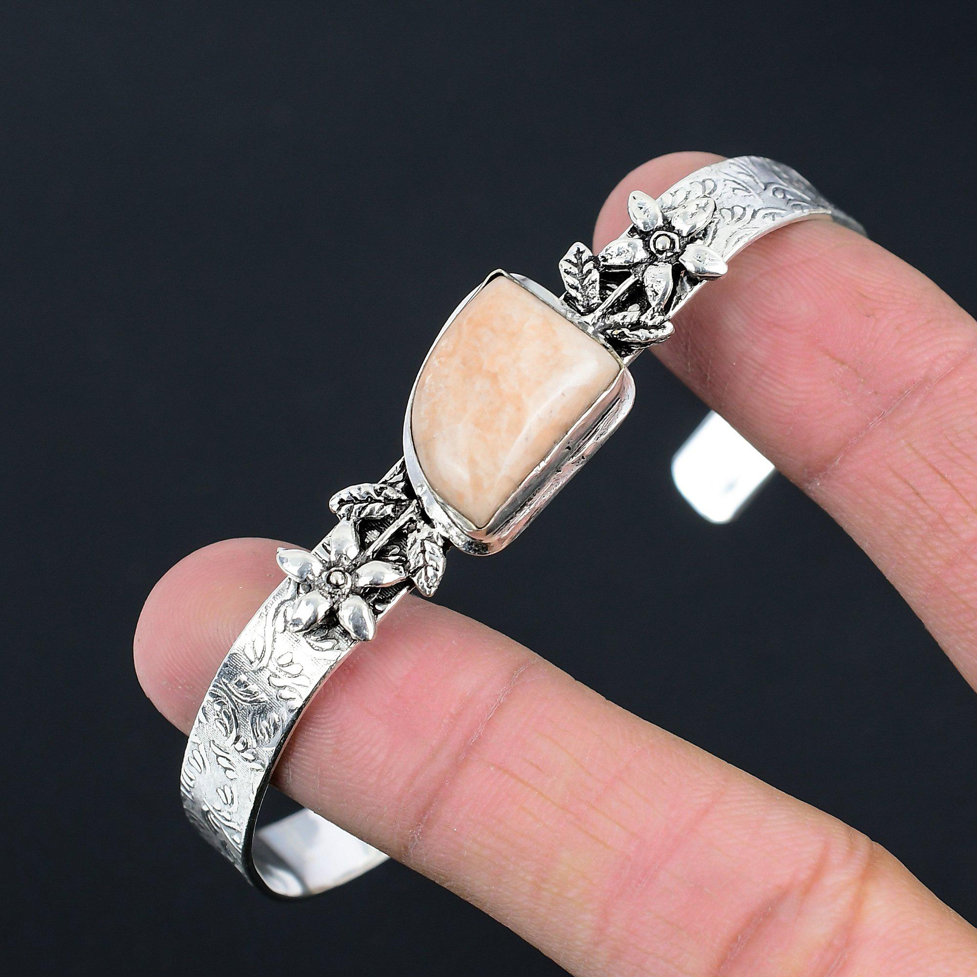925 Sterling Silver Trillion Natural Orange Aventurine Flower Bangle Bracelet