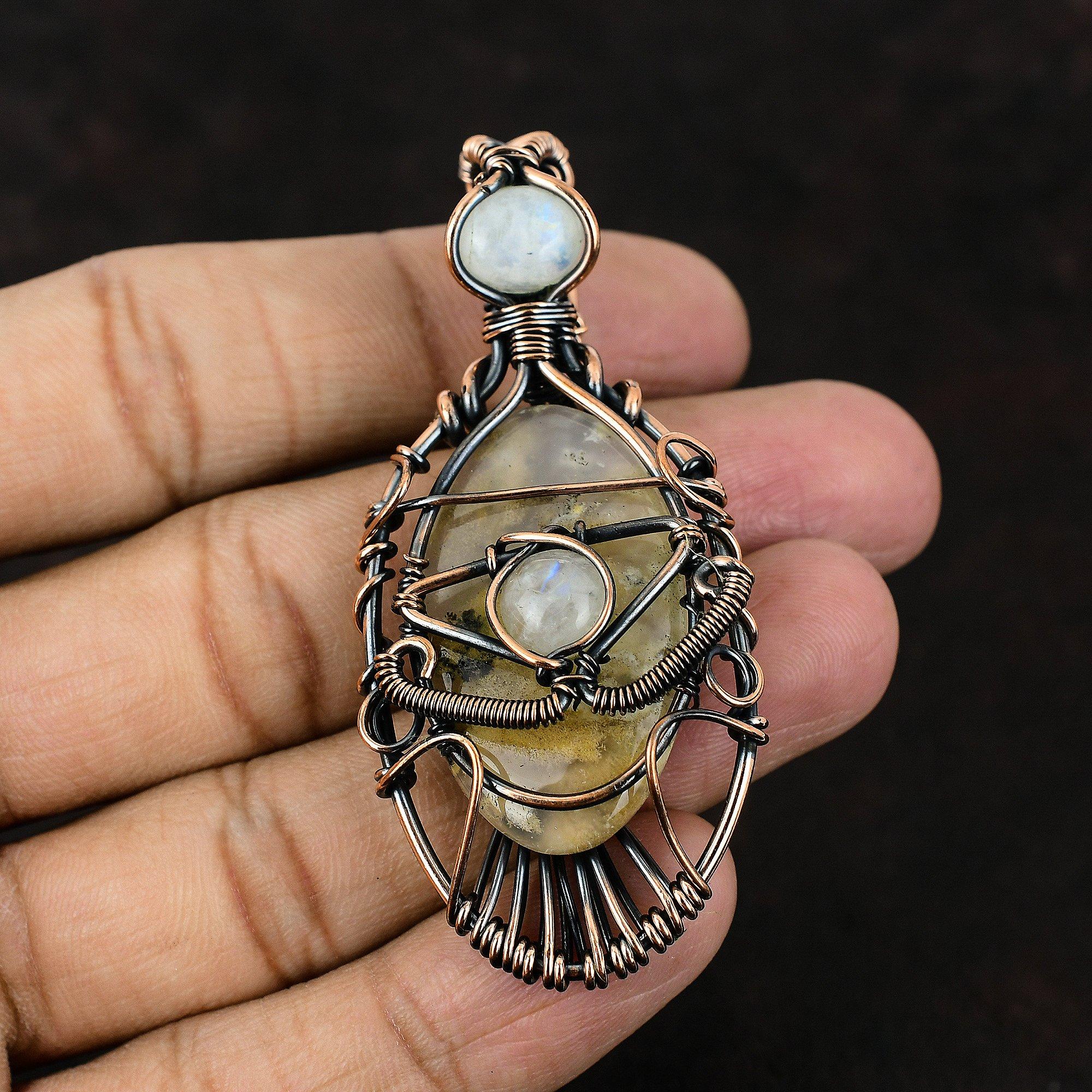 Evil Eye Plume Agate Copper Wire Wrapped Pendant Moonstone Copper Jewelry Handmade Pendant Moonstone Pendant Evil Eye Jewelry Gift For Mom