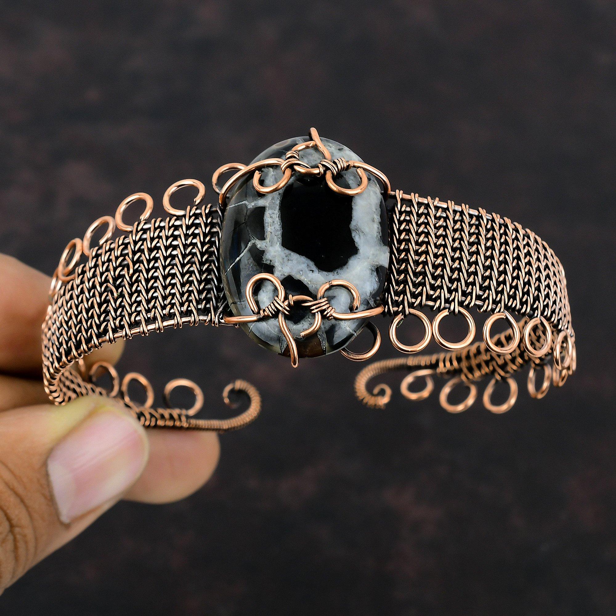 Brățară Bangle Fosilă Crăpătură Argilă Marocană Înfășurată cu Sârmă de Cupru Brățară Manșetă cu Piatră Prețioasă Bijuterii Handmade Brățară Ajustabilă Cadou pentru Mamă