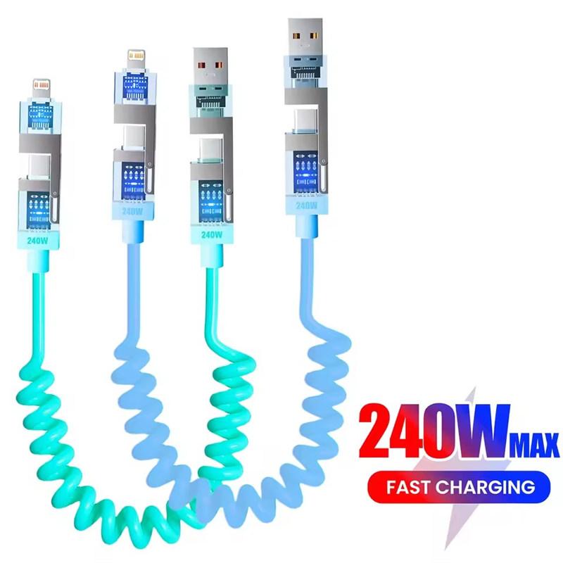 240W 4-in-1 Retractable spring super fast charging data cable For iPhone15 16 Samsung supports carplay data cable