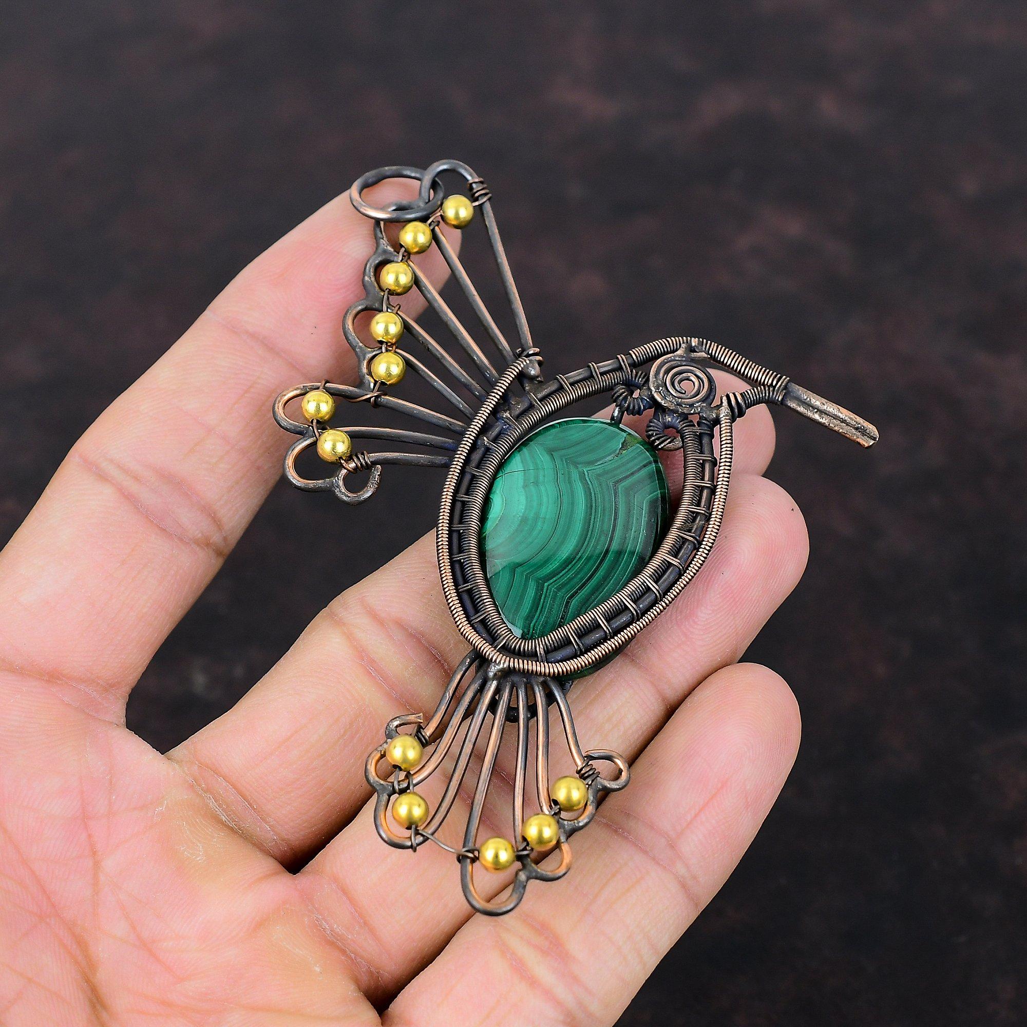 Malachite Pendant Copper Wire Wrapped Pendant Natural Gemstone Jewelry Handmade Pendant Copper Wire Wrap Jewelry Bird Pendant Gift For Women