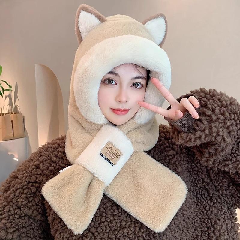 Hat Scarf One-piece Women's Winter Plush Hat Hooded Scarf Thickened Winter Versatile Warm and Trendy