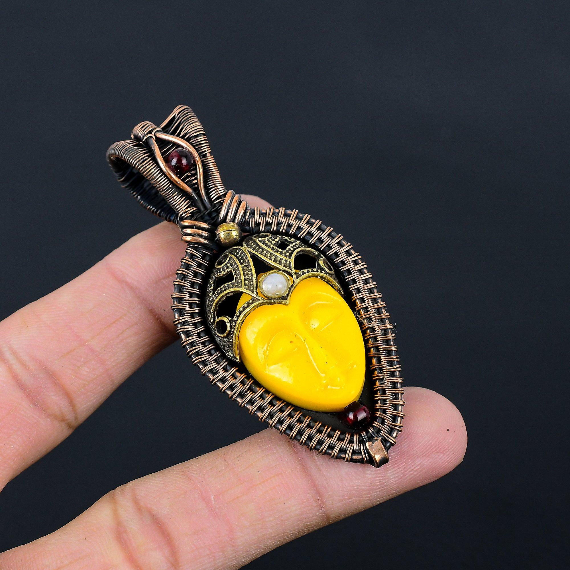 Lovely Carved Face Cameo & Moonstone Gemstone Pure Copper Wire Wrap Handmade Jewelry Pendant