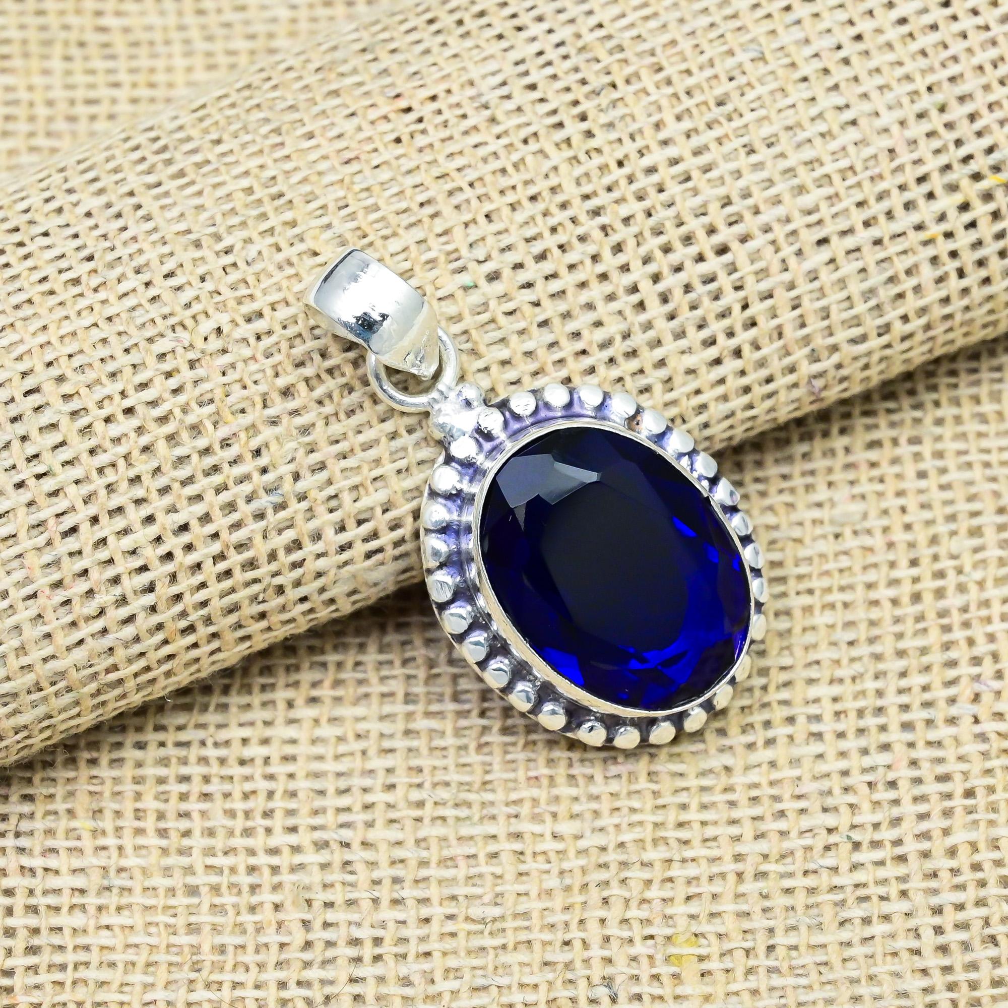 Blue Sapphire Lab-Created Gemstone 925 Sterling Silver Jewelry Handmade Pendant For Thanksgiving