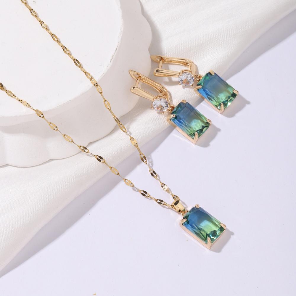 3 Piece Set Fashion Square Imitation Tourmaline Dangle Earrings Jewelry Sets For Women Party Pendant Necklace Accessories