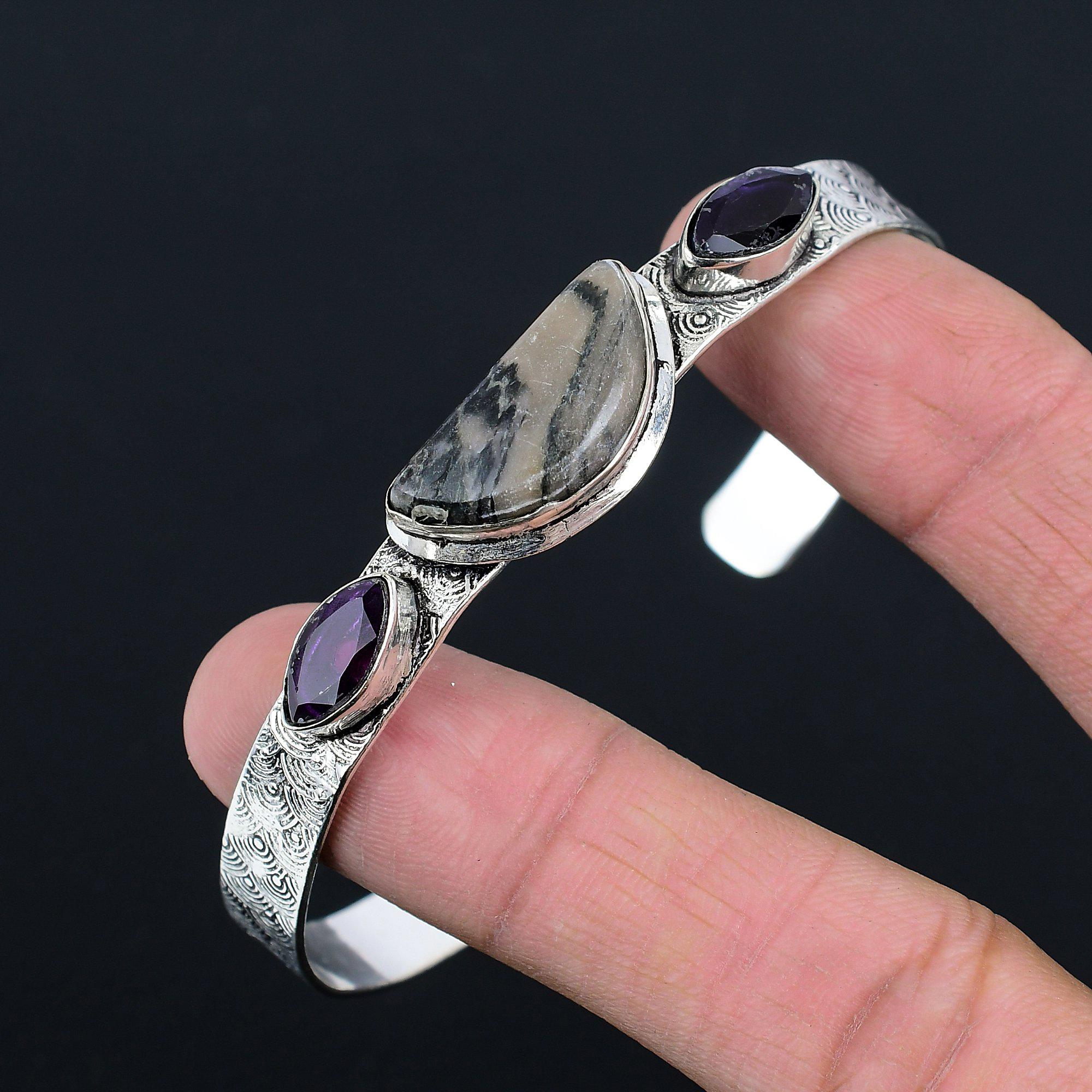 Mothers Day Deal 925 Silver Spider Web Jasper Stone Amethyst Wife Bangle Jewelry