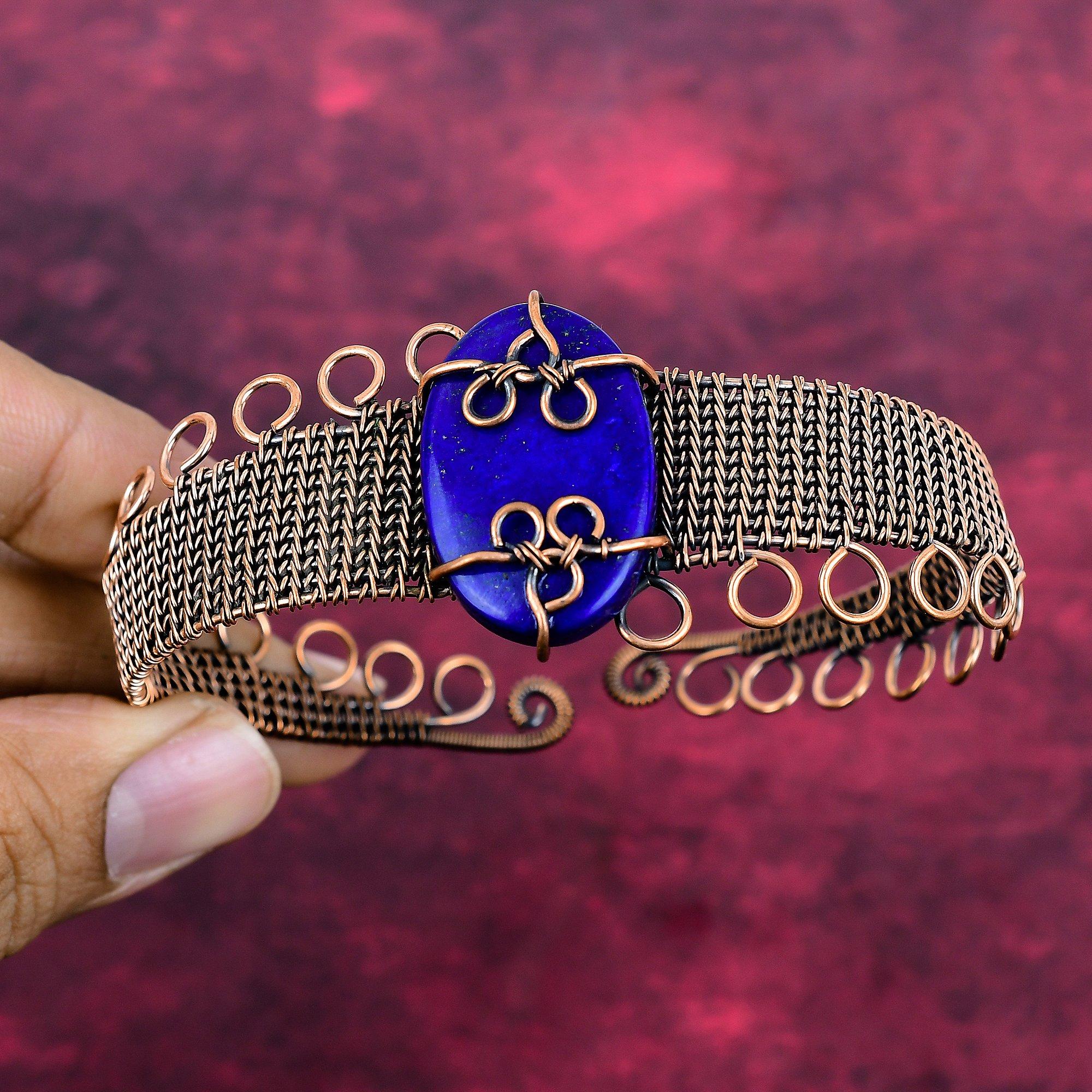 Lapis Lazuli Cuff Bracelet Copper Wire Wrapped Adjustable Bangle Gemstone Jewelry