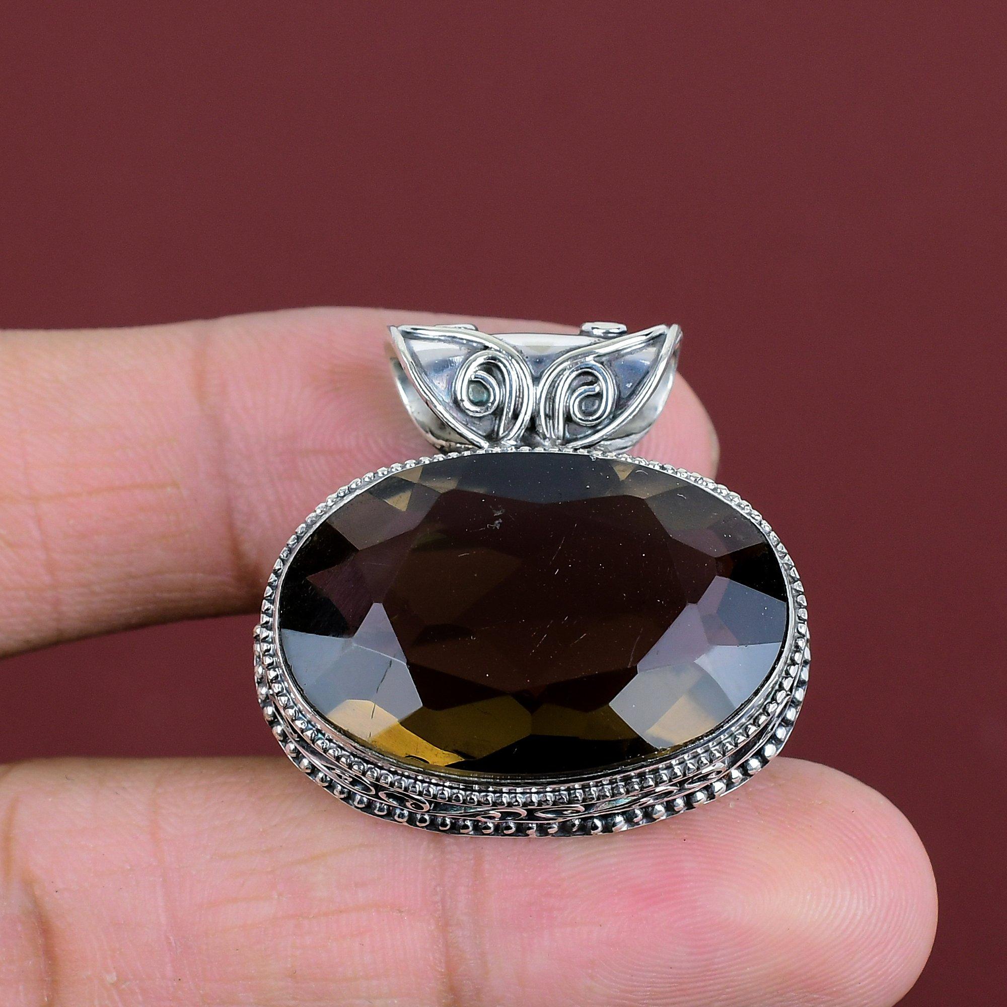 Fasetterat Rökkvartshänge Vintage Ädelstenshänge Statement Smycken 925 Sterlingsilverhänge Handgjort Helt Nytt Hänge Gåvor Till Hennes
