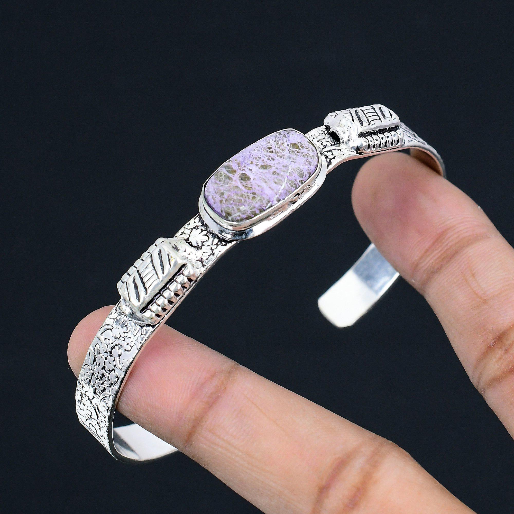 Natural Purpurite Gemstone Bangle Adjustable 925 Sterling Silver For Girls
