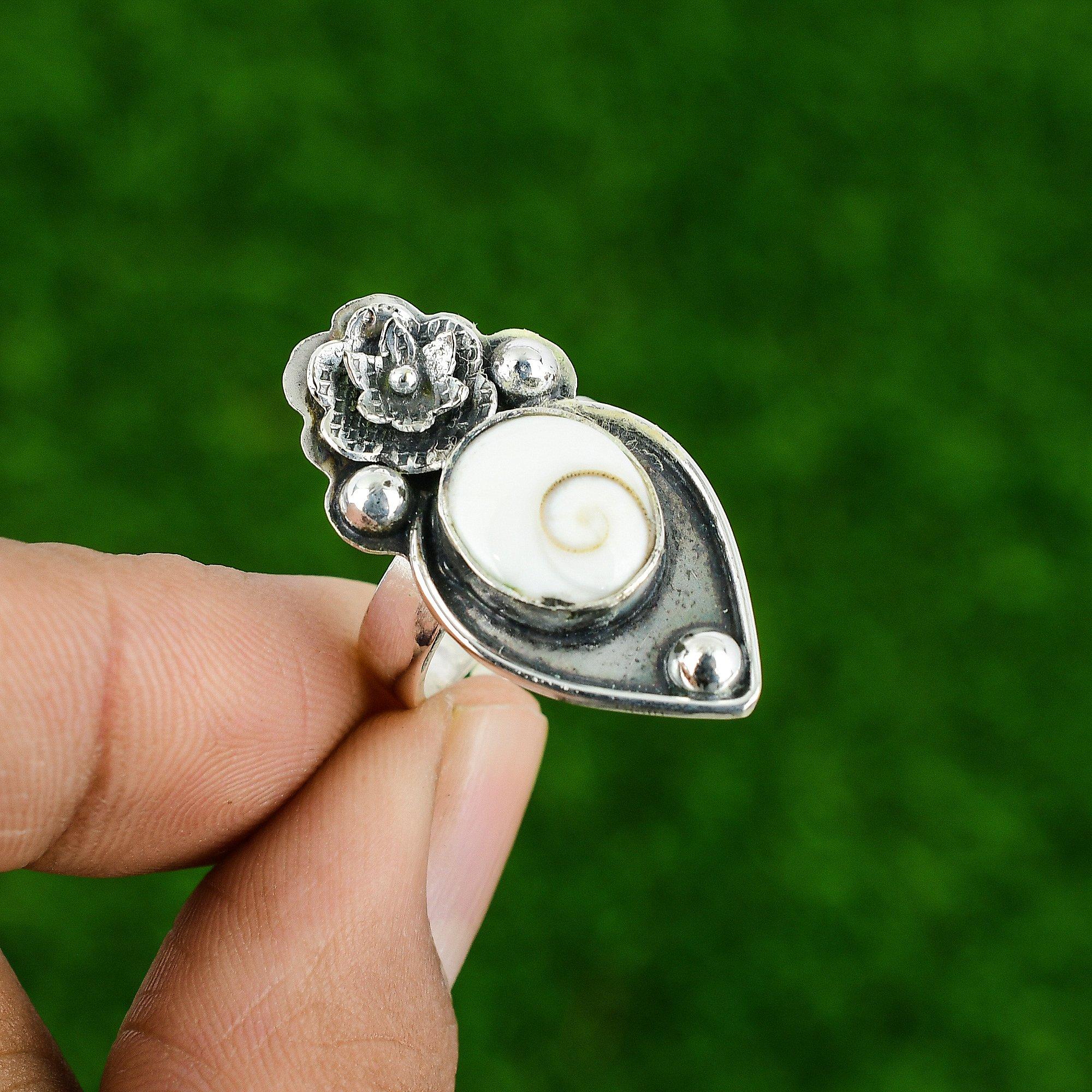 Natural Shiva Eye Shell 925 Silver Stackable Flower Adjustable Ring For Women