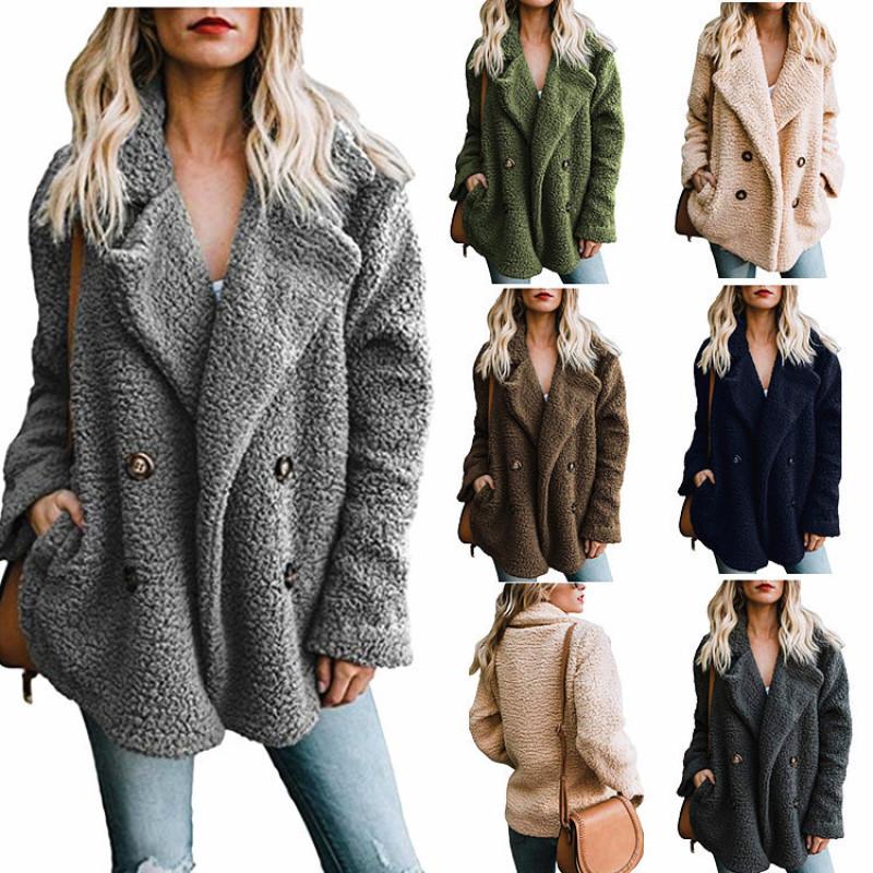 Damemote vinterfrakk Langermet jakkeslagsknapp Faux Shearling Shaggy Oversized Shacket-jakke