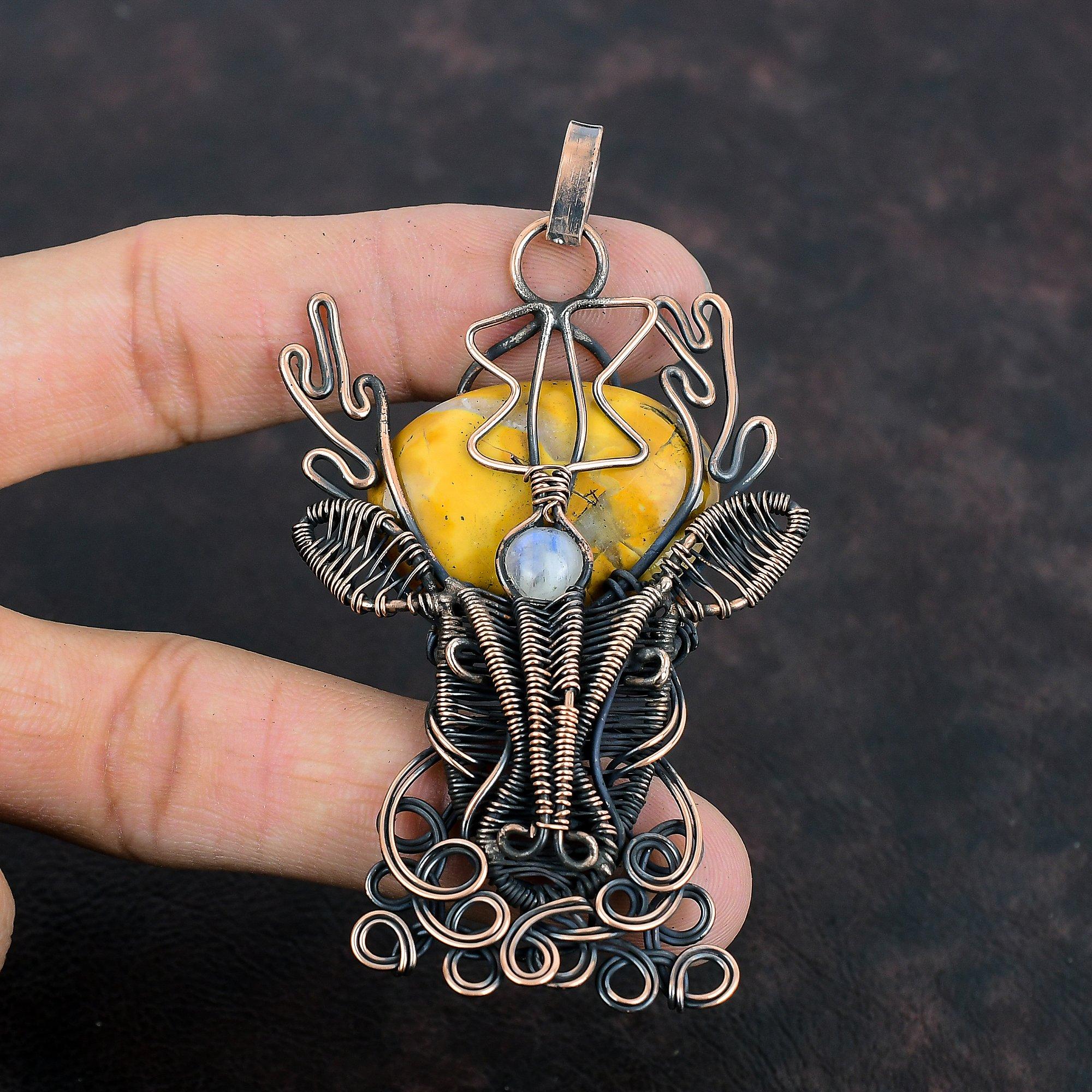 Maligano Jasper Pendant Copper Wire Wrapped Rainbow Moonstone Pendant Handmade Copper Jewelry Deer Face Pendant For Gifts Gemstone Pendant