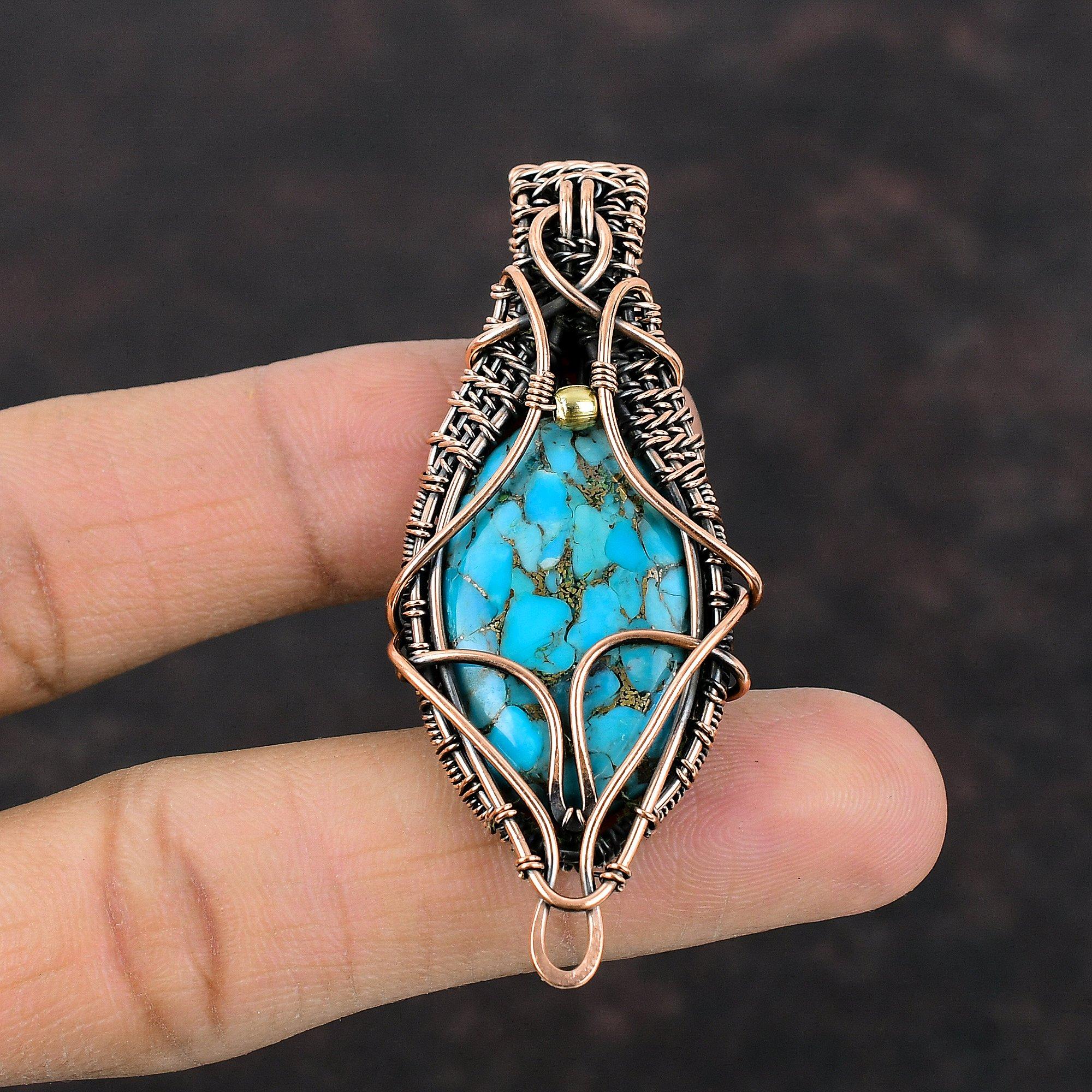 Copper Blue Turquoise Pendant Copper Wire Wrapped Gemstone Pendant Very Pretty Copper Jewelry Handmade Pendant Turquoise Jewelry For Gift
